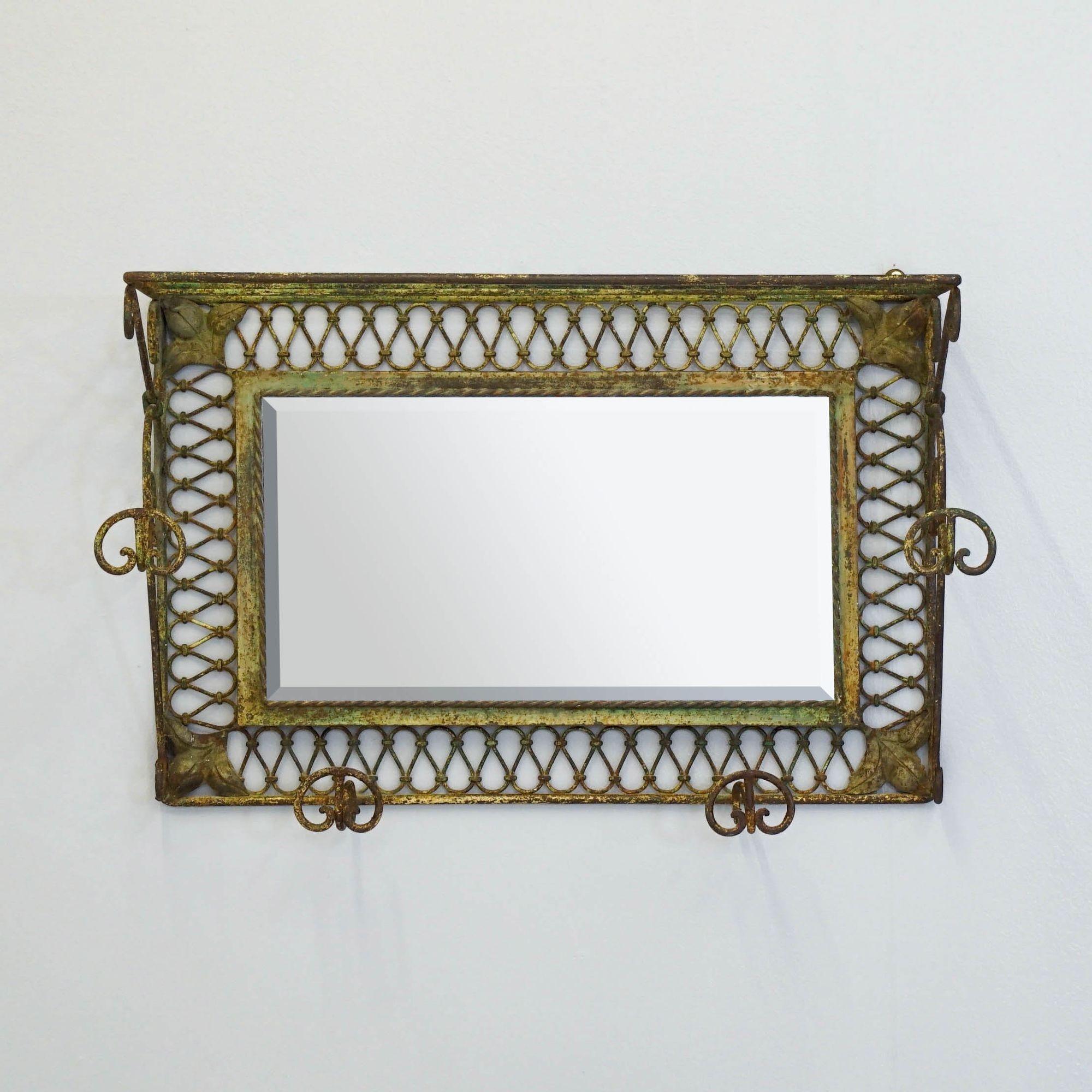 Mid-20th Century Wrought Iron Coat Hooks with Mirror For Sale