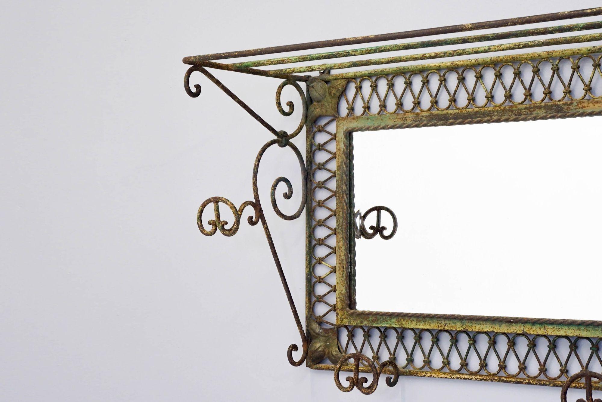 Wrought Iron Coat Hooks with Mirror For Sale 1