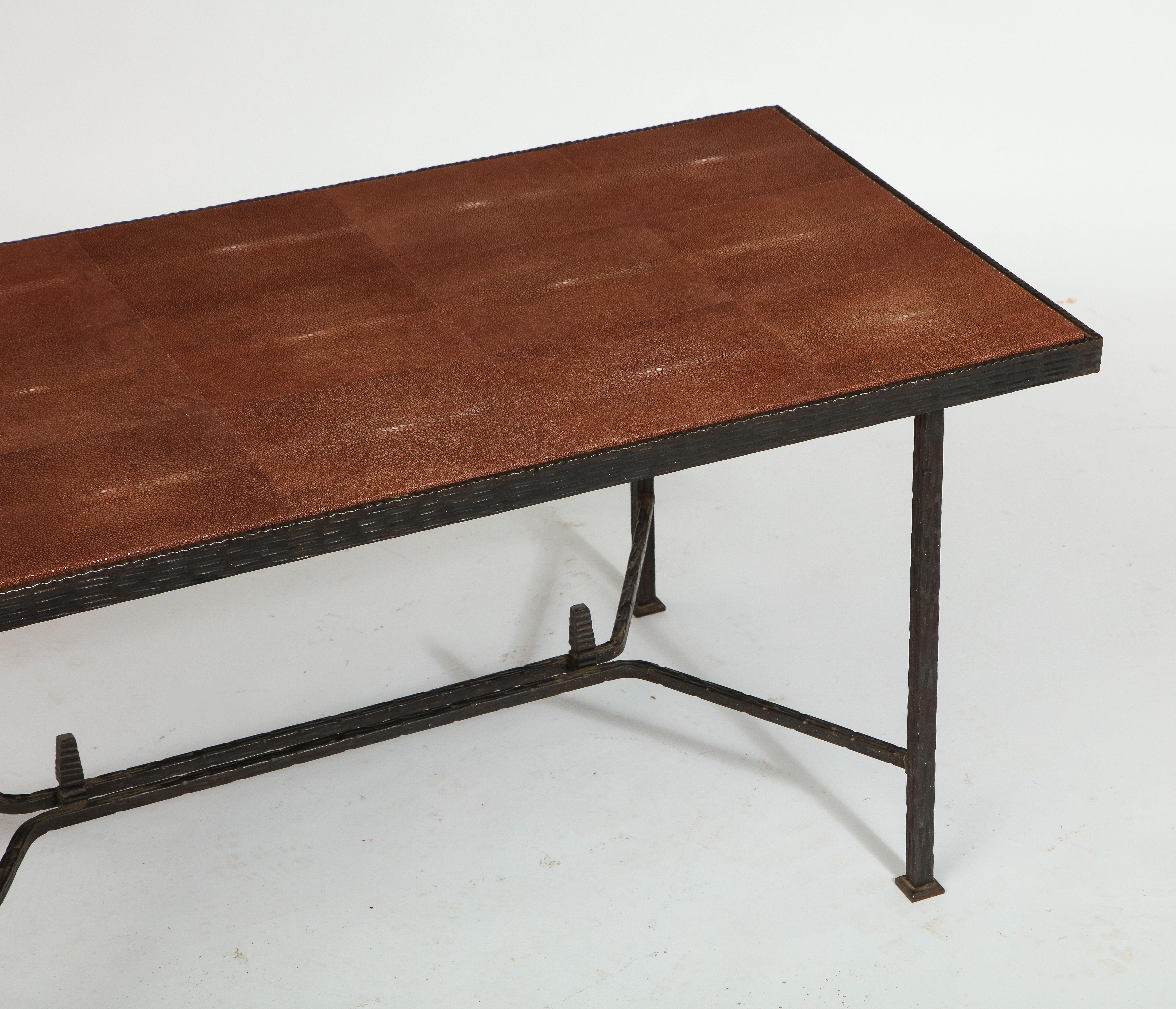 Wrought Iron Coffee Table after Edgard Brandt with Shagreen Top, France, 1940s In Good Condition In New York, NY