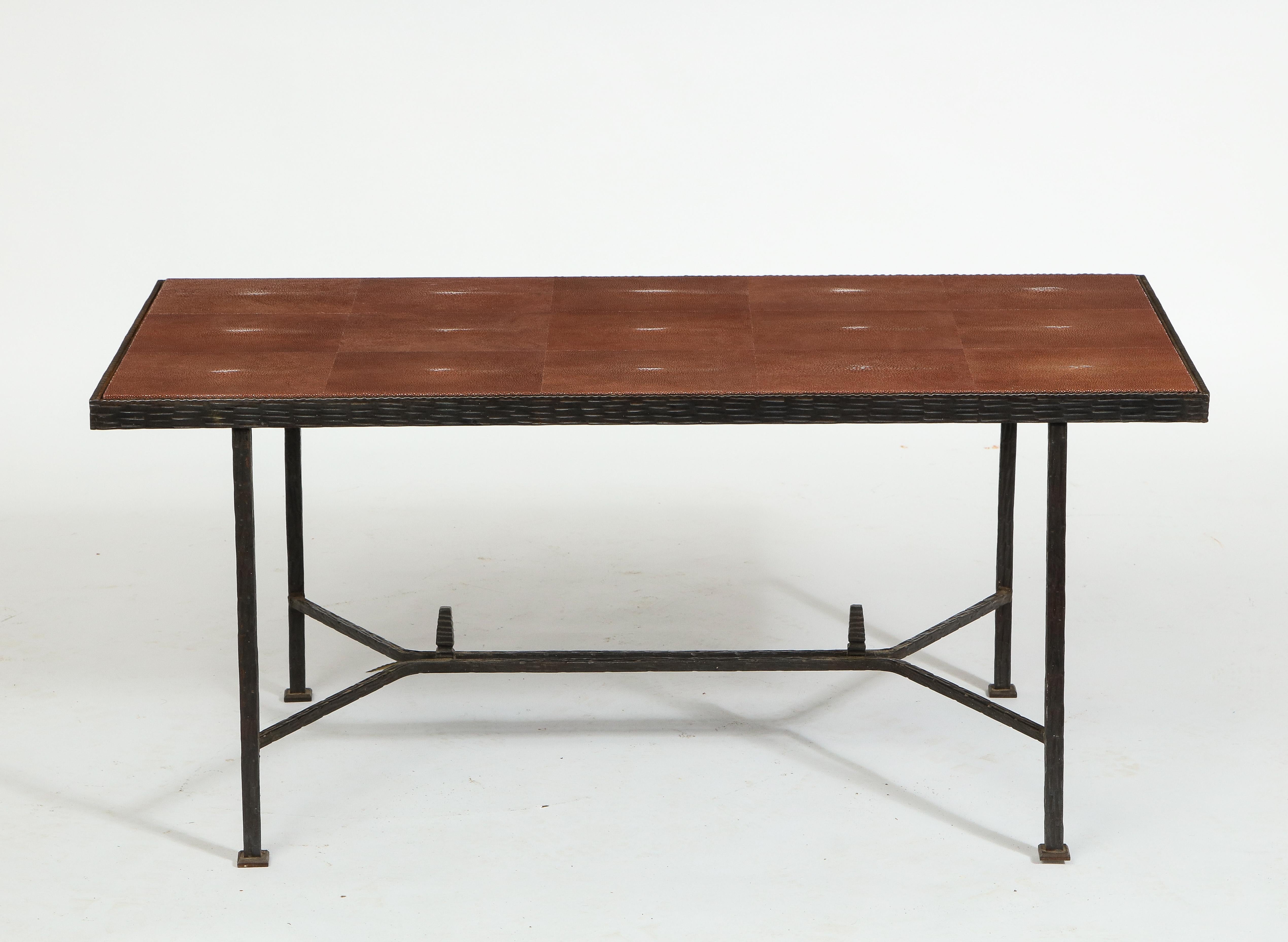 Wrought Iron Coffee Table after Edgard Brandt with Shagreen Top, France, 1940s 2