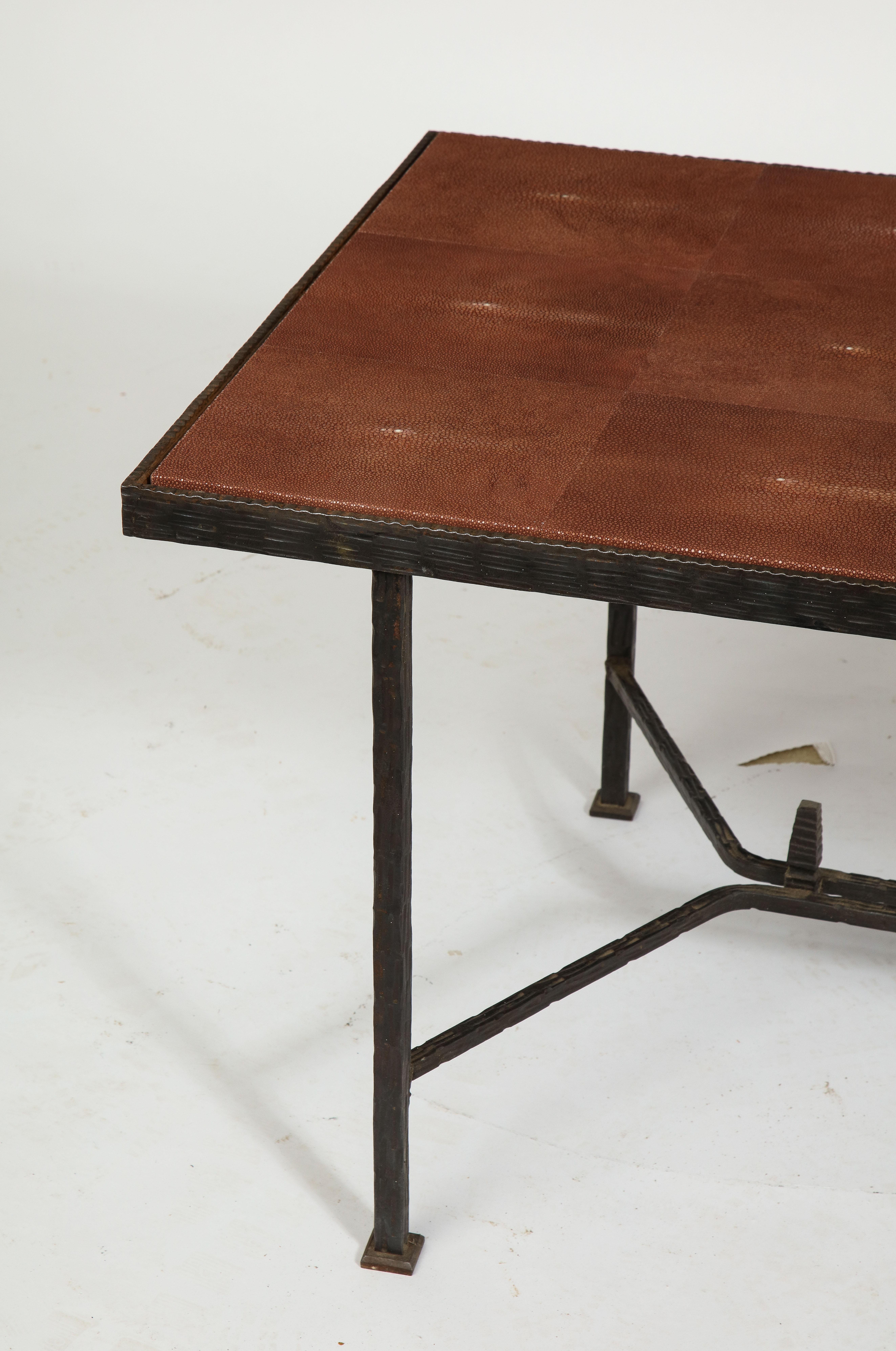 Wrought Iron Coffee Table after Edgard Brandt with Shagreen Top, France, 1940s 3