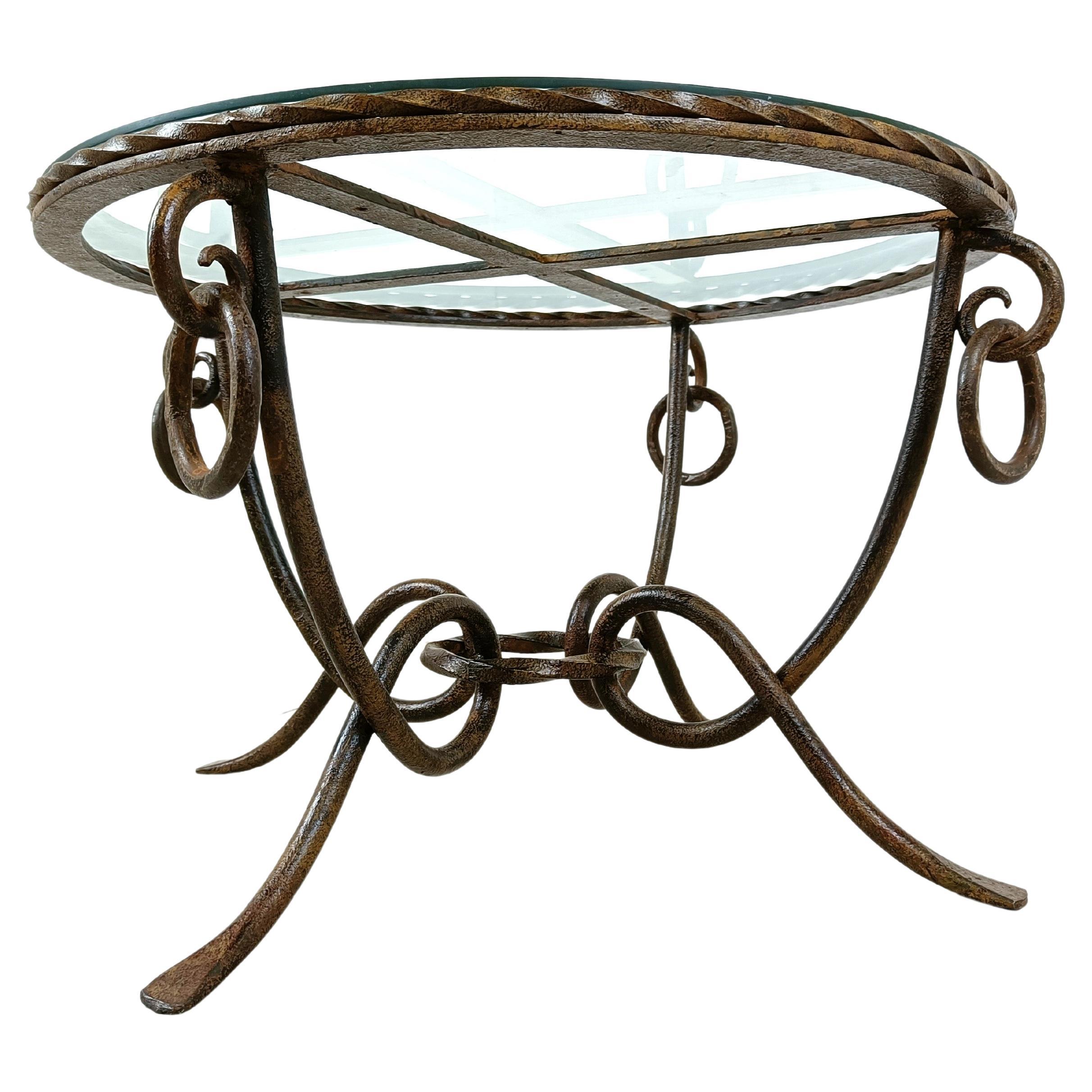 Wrought iron coffee table by René Drouet For Sale