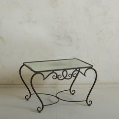 Table basse en fer forgé + plateau en miroir dans le style de René Prou, France, années 1940