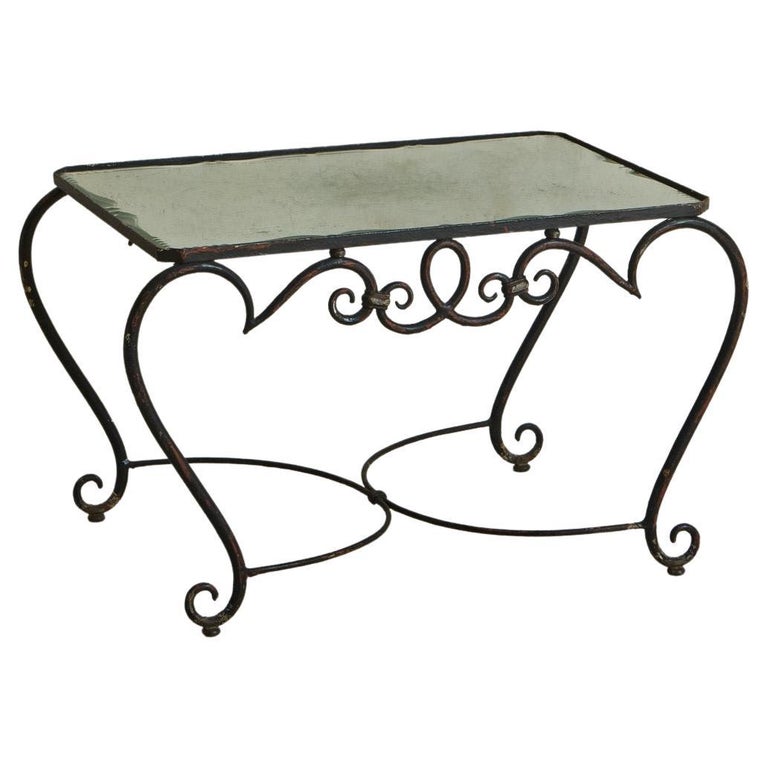 Wrought Tea Table Wrought Iron Coffee Table + Mirrored Top in the Style of Rene Prou ...