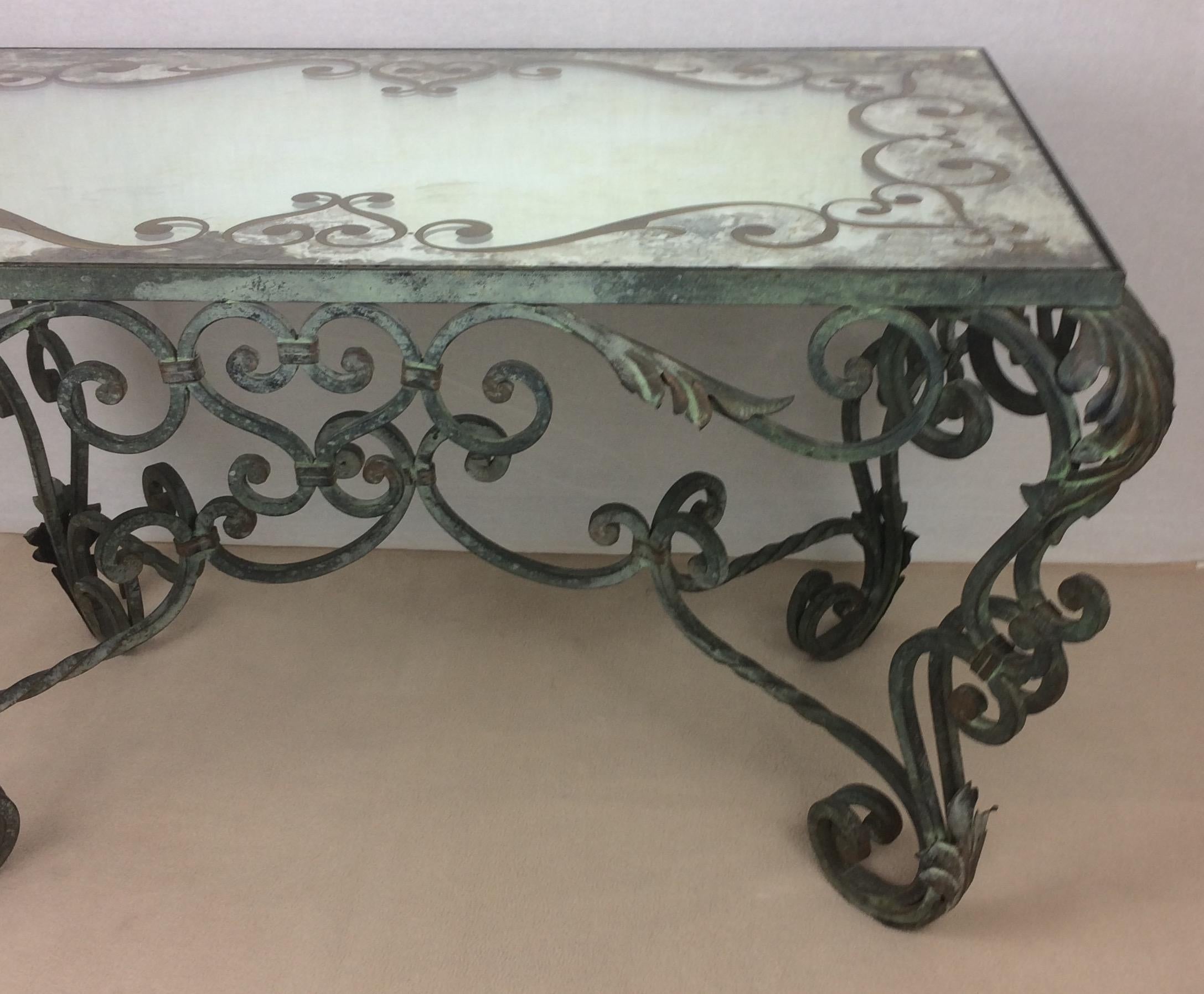 French Wrought Iron Coffee Table with Églomisé Mirror Attributed to Gilbert Pollierat