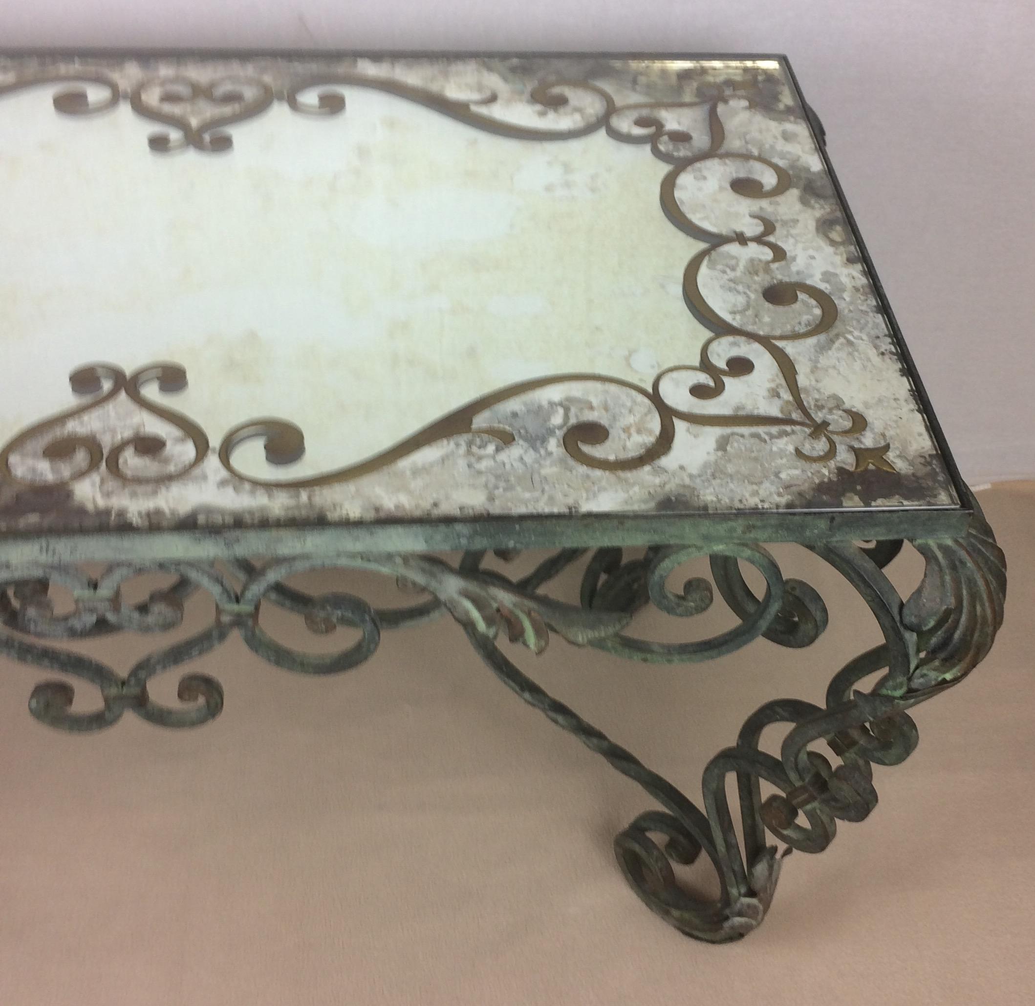 Wrought Iron Coffee Table with Églomisé Mirror Attributed to Gilbert Pollierat In Good Condition In Miami, FL