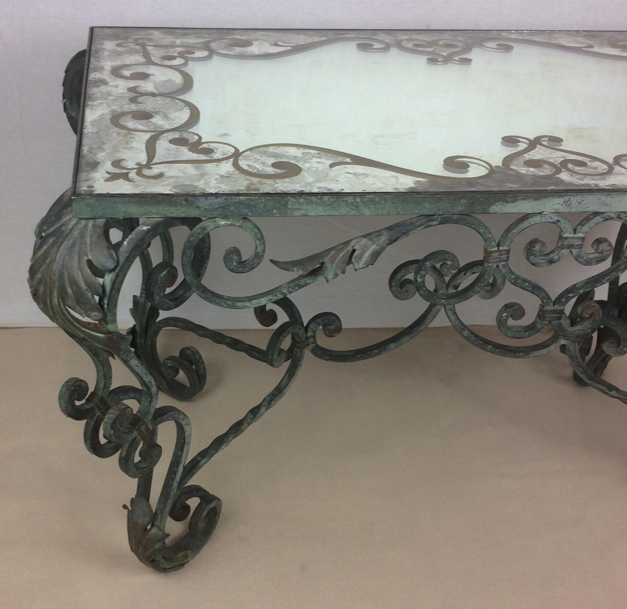 Wrought Iron Coffee Table with Églomisé Mirror Attributed to Gilbert Pollierat 1