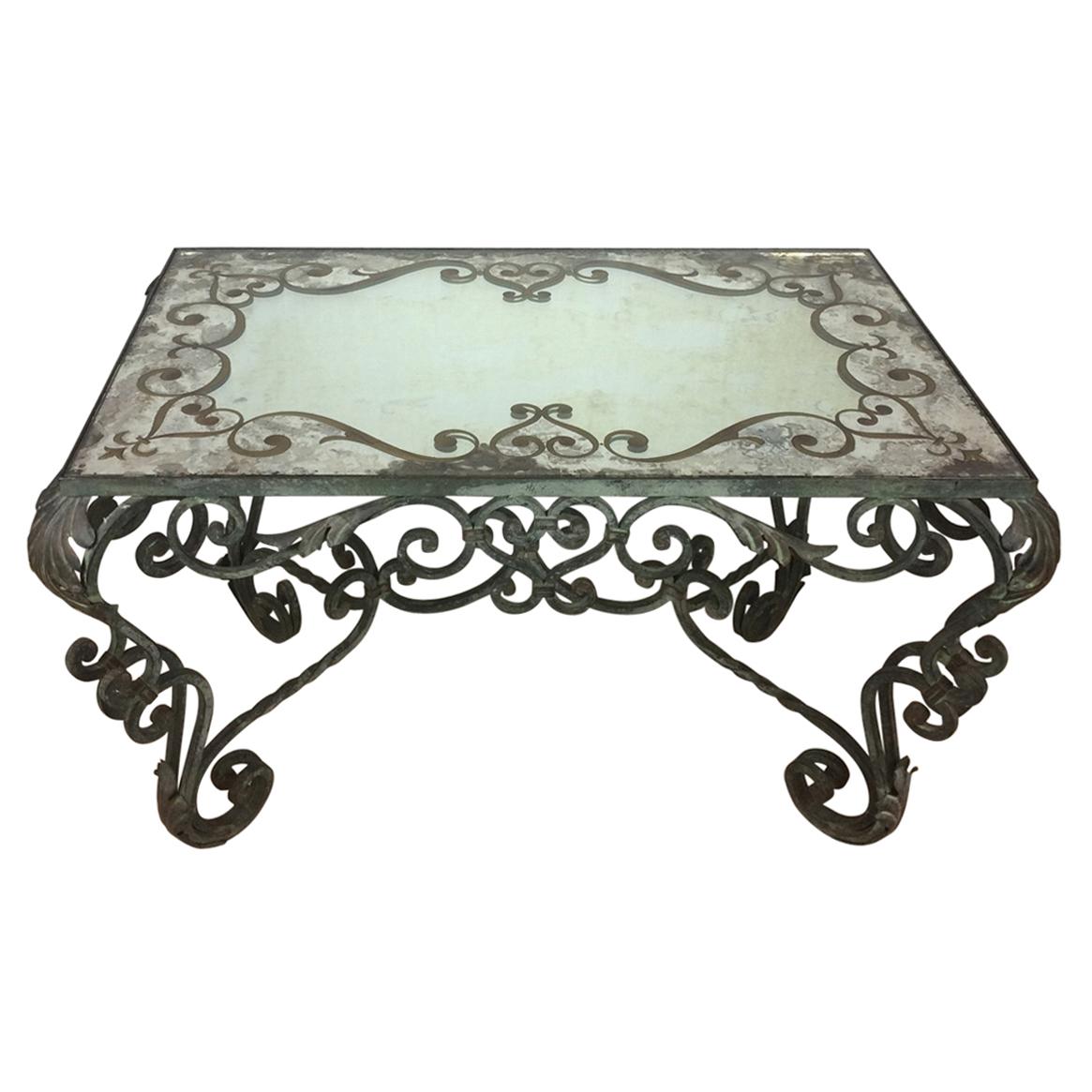 Wrought Iron Coffee Table with Églomisé Mirror Attributed to Gilbert Pollierat