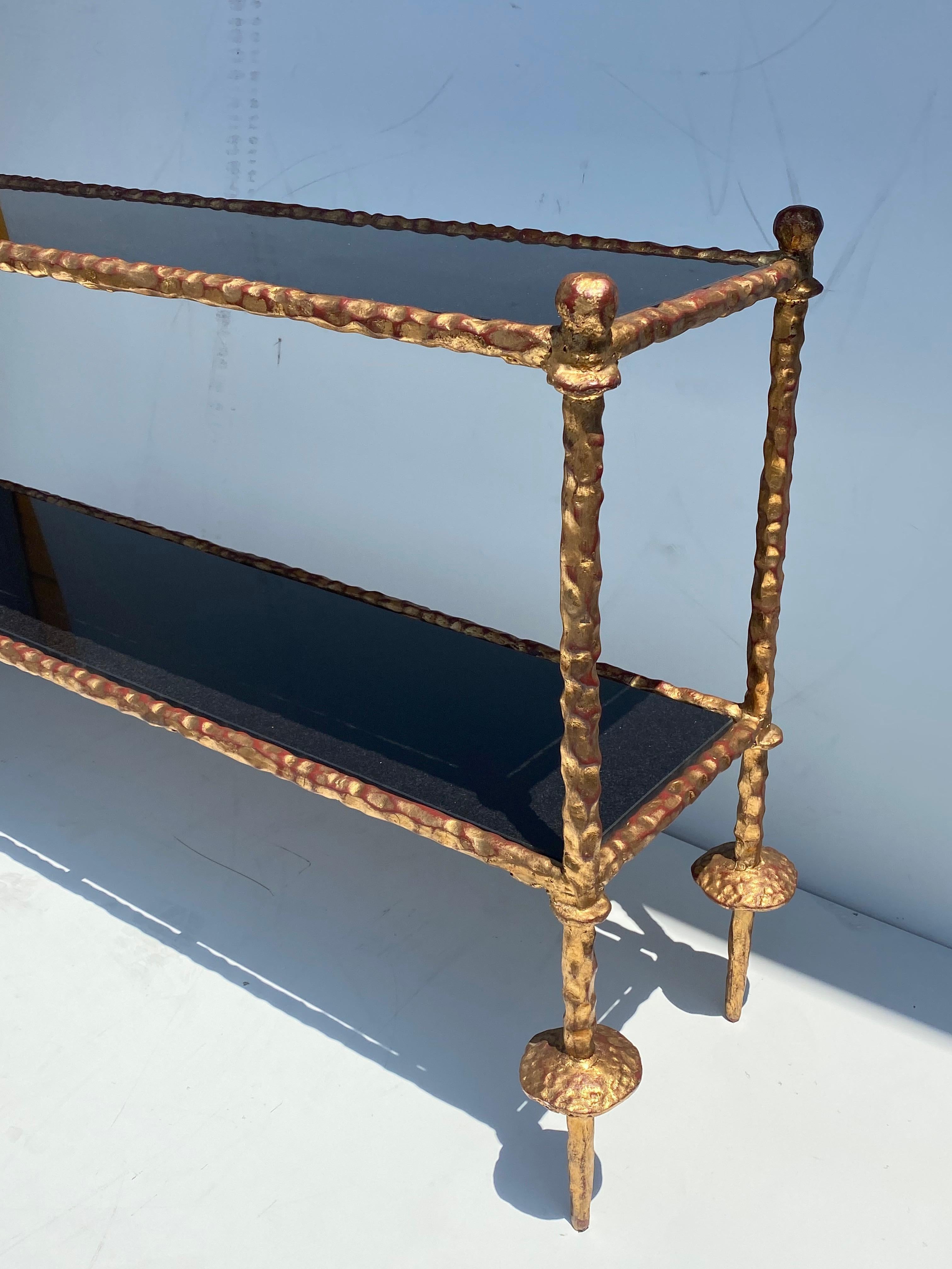 Gilt Wrought Iron Console Table in Gold Leaf Style of Giacometti For Sale