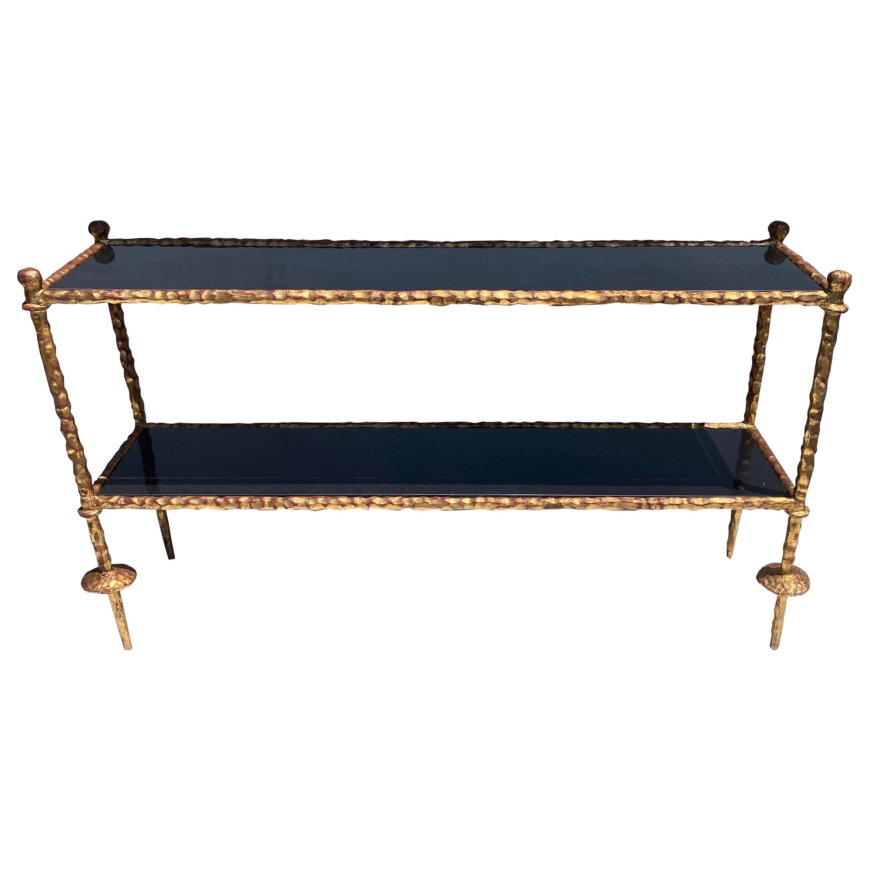 Wrought Iron Console Table in Gold Leaf Style of Giacometti For Sale