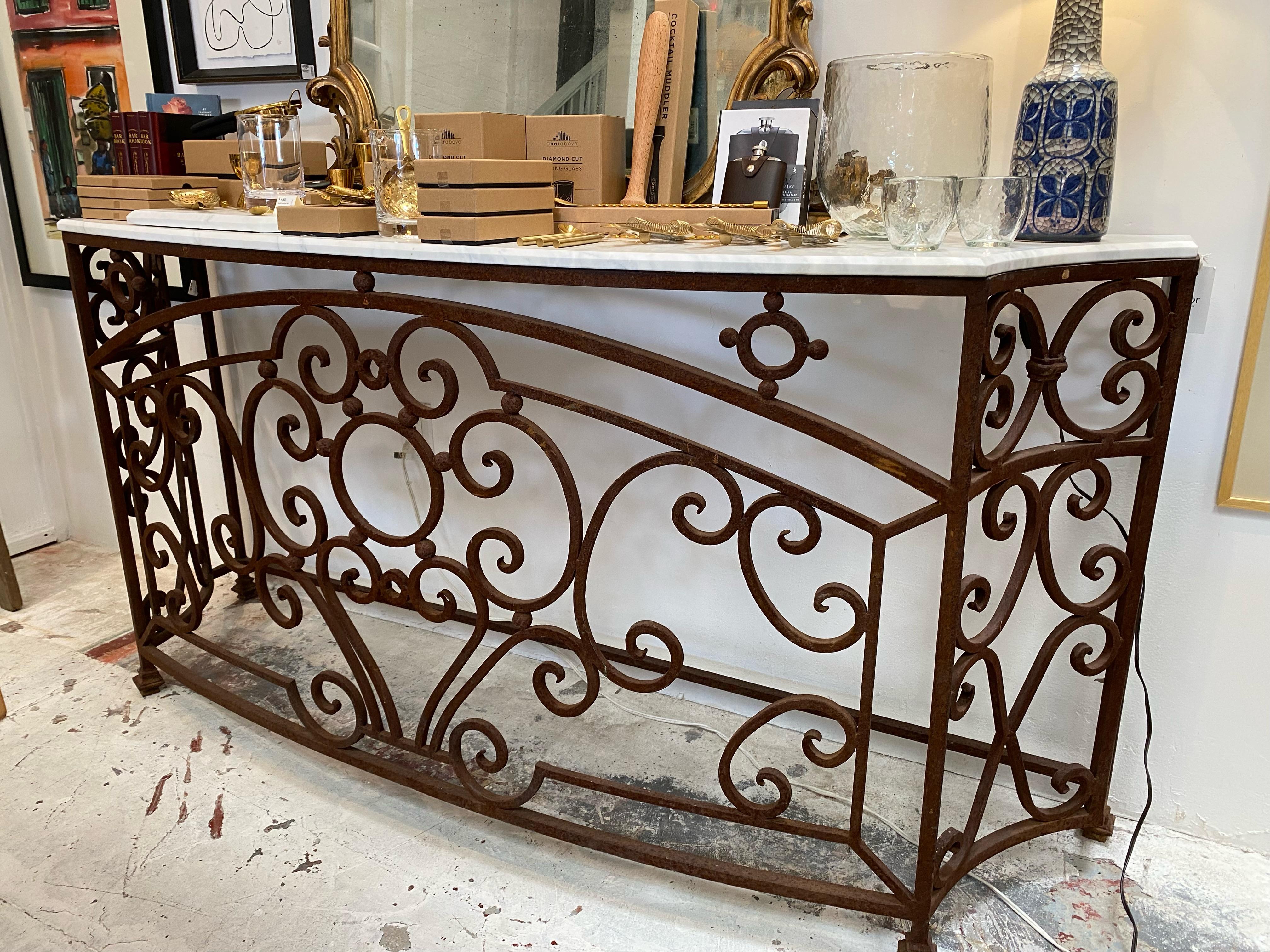 French Wrought Iron Console with Marble Top For Sale