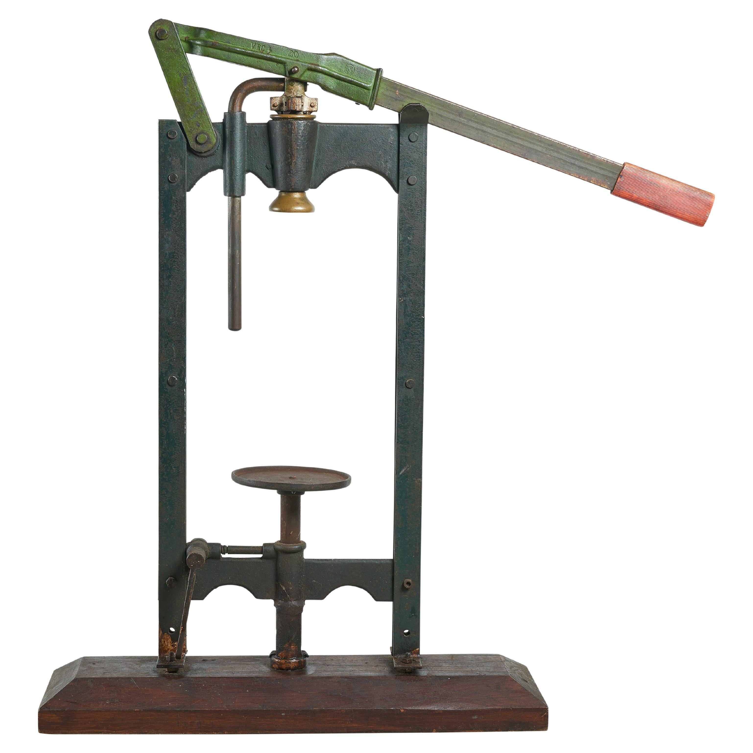 Wrought Iron Cork Press with Wood Base For Sale
