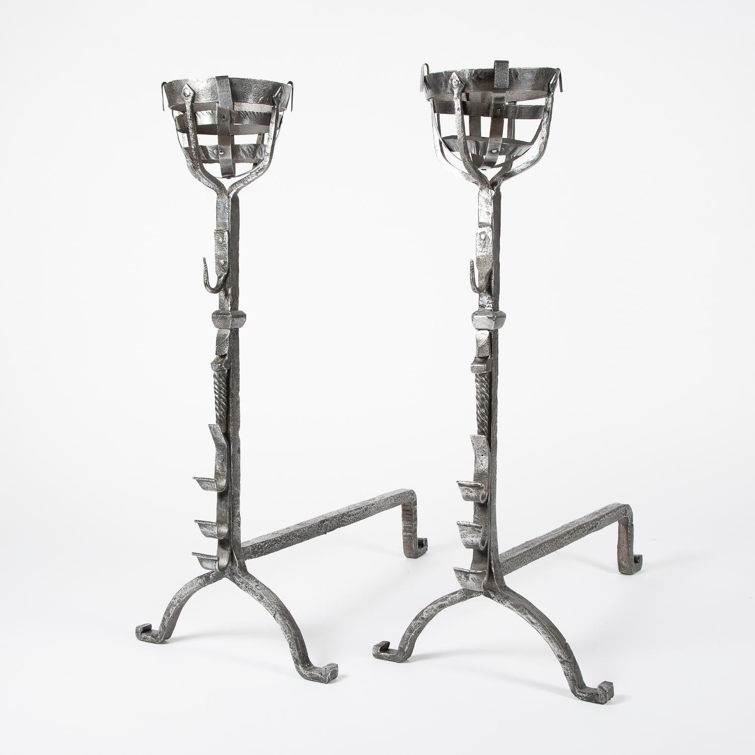 Wrought Iron Cresset Andirons, English, circa 1800 For Sale 9