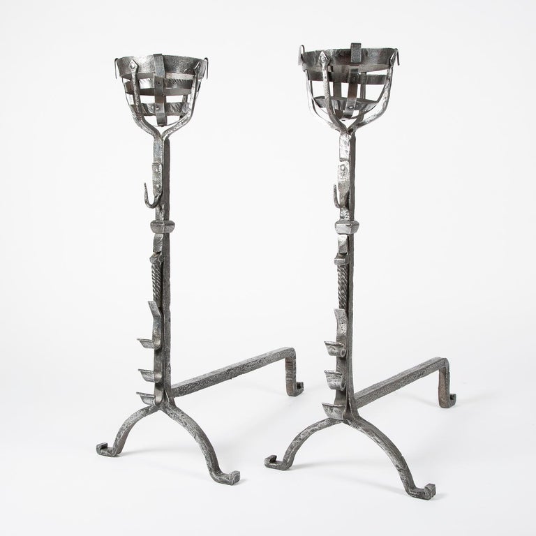 Wrought Iron Cresset Andirons, English, circa 1800 For Sale at 1stDibs
