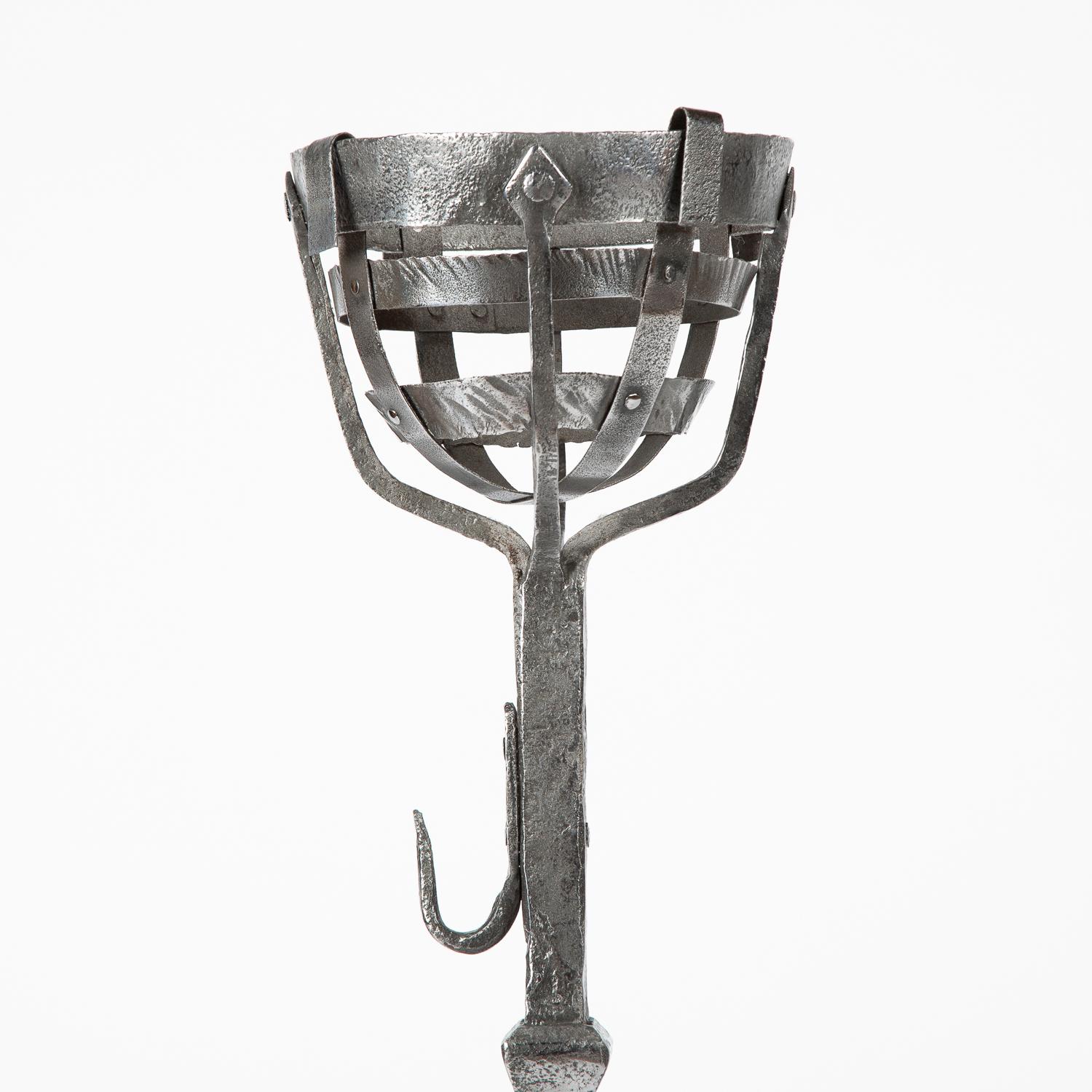 Jacobean Wrought Iron Cresset Andirons, English, circa 1800 For Sale