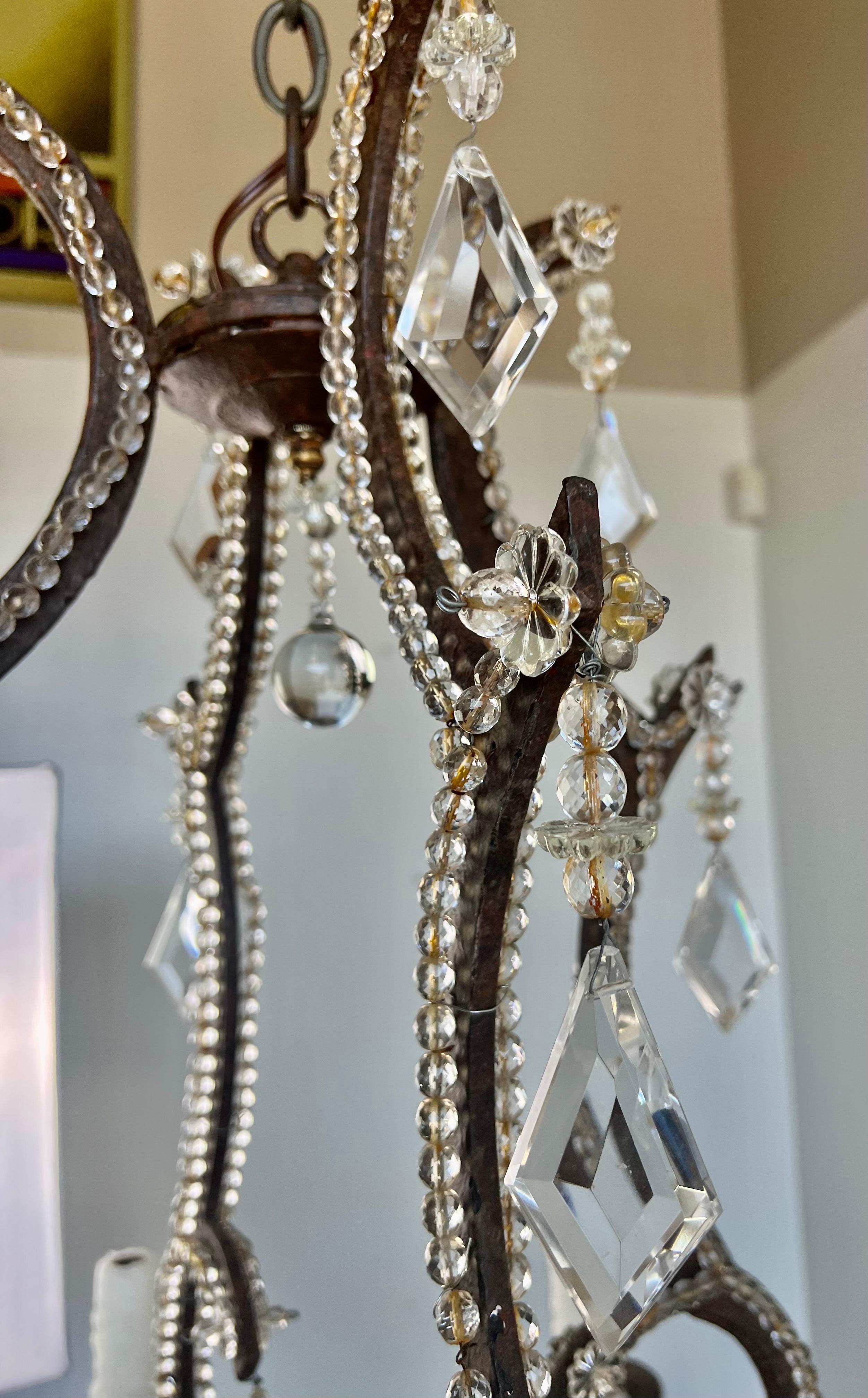 Baroque Wrought Iron Crystal Beaded Chandelier  For Sale