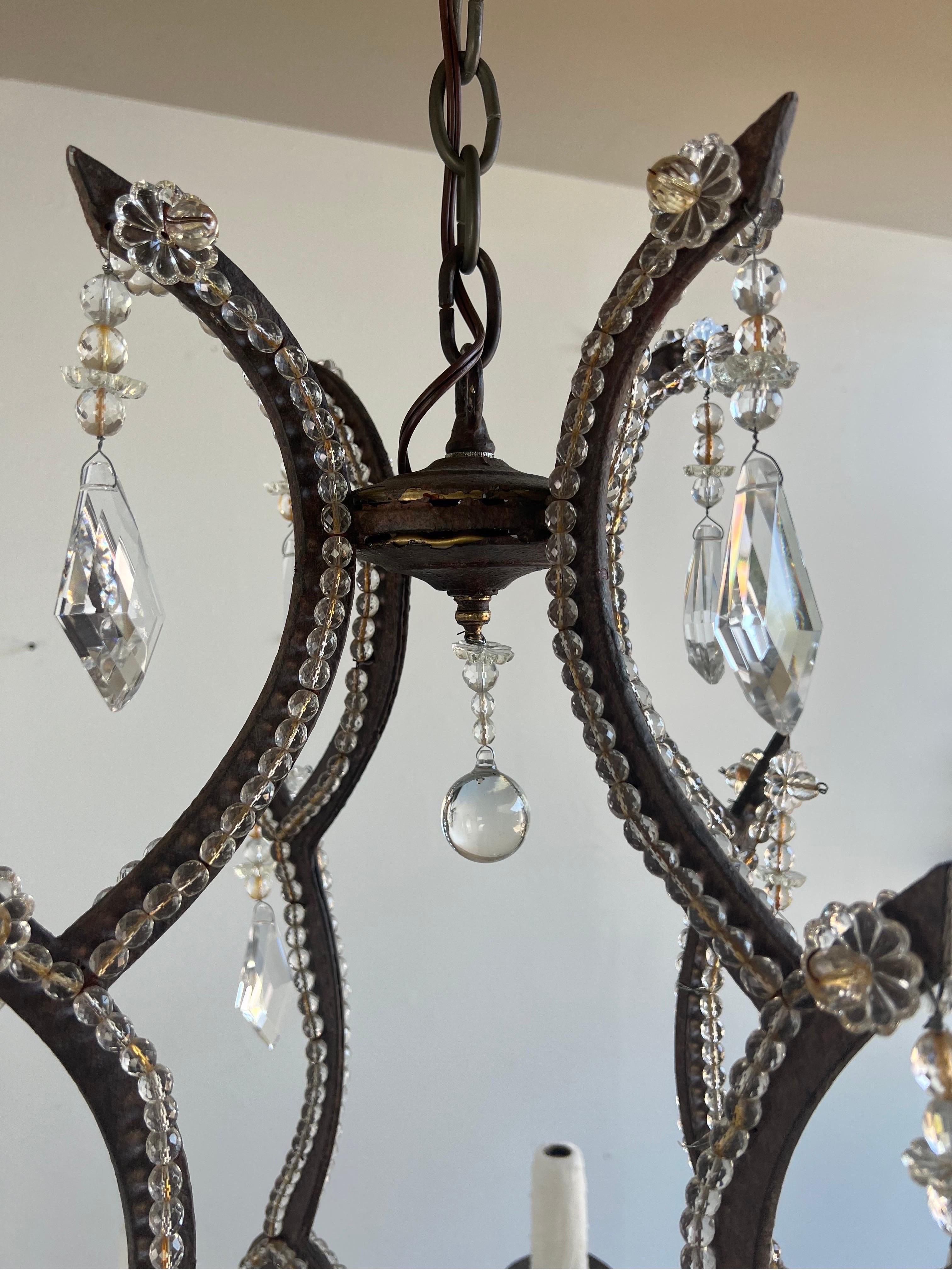 Spanish Wrought Iron Crystal Beaded Chandelier  For Sale