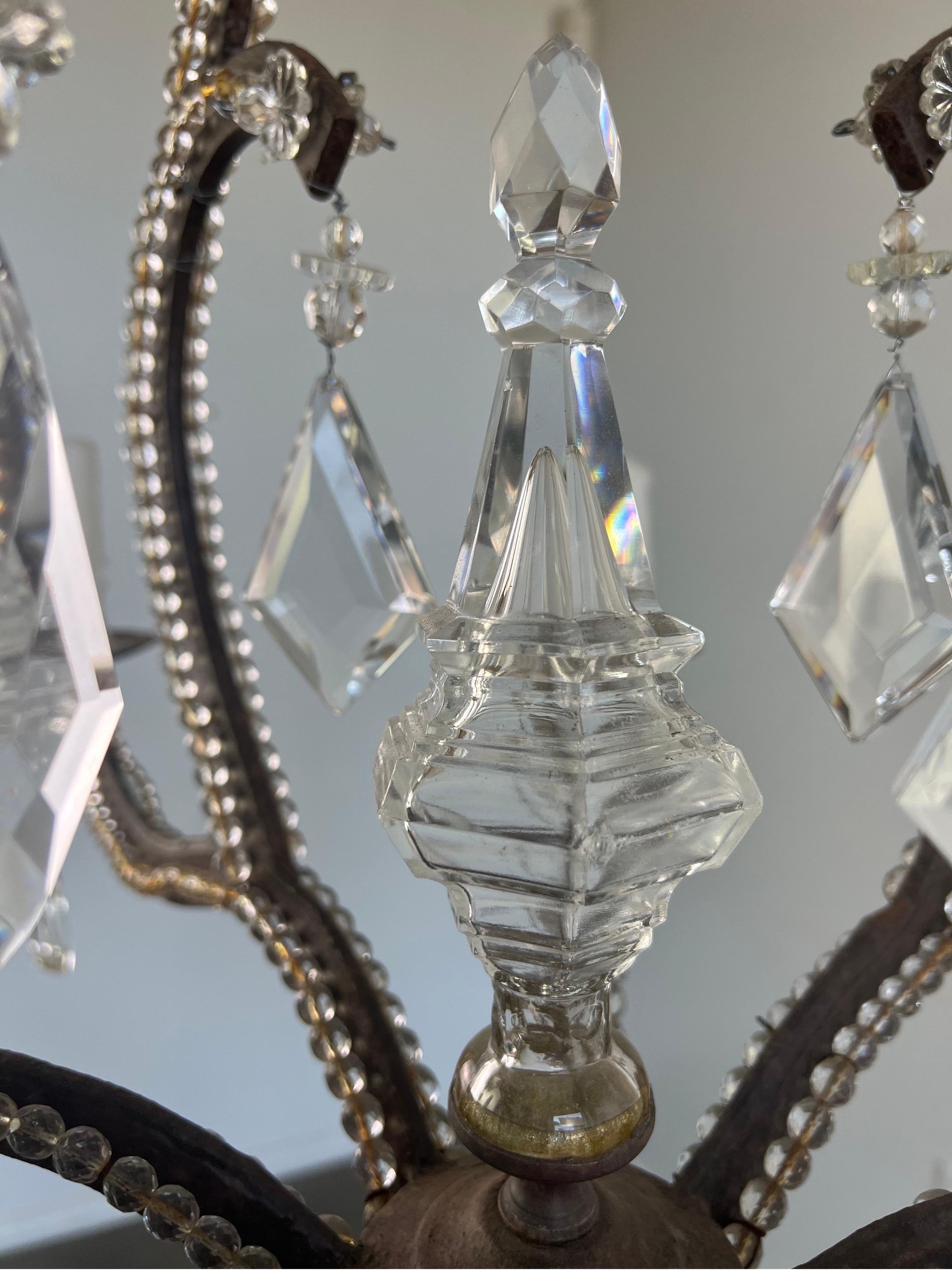 Wrought Iron Crystal Beaded Chandelier  In Good Condition For Sale In Los Angeles, CA