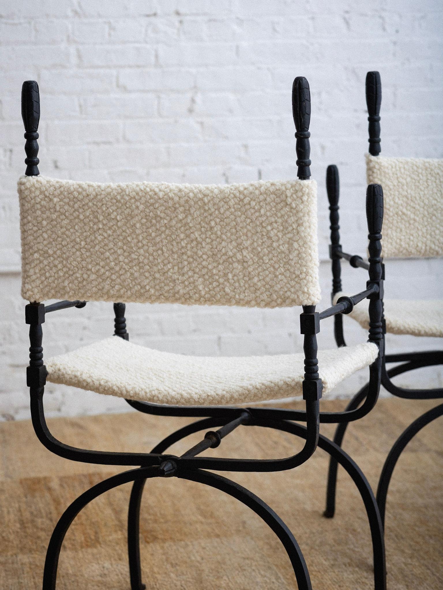 Wrought Iron 'Dagobert' Style Folding Chairs in Bouclé - a Pair 4