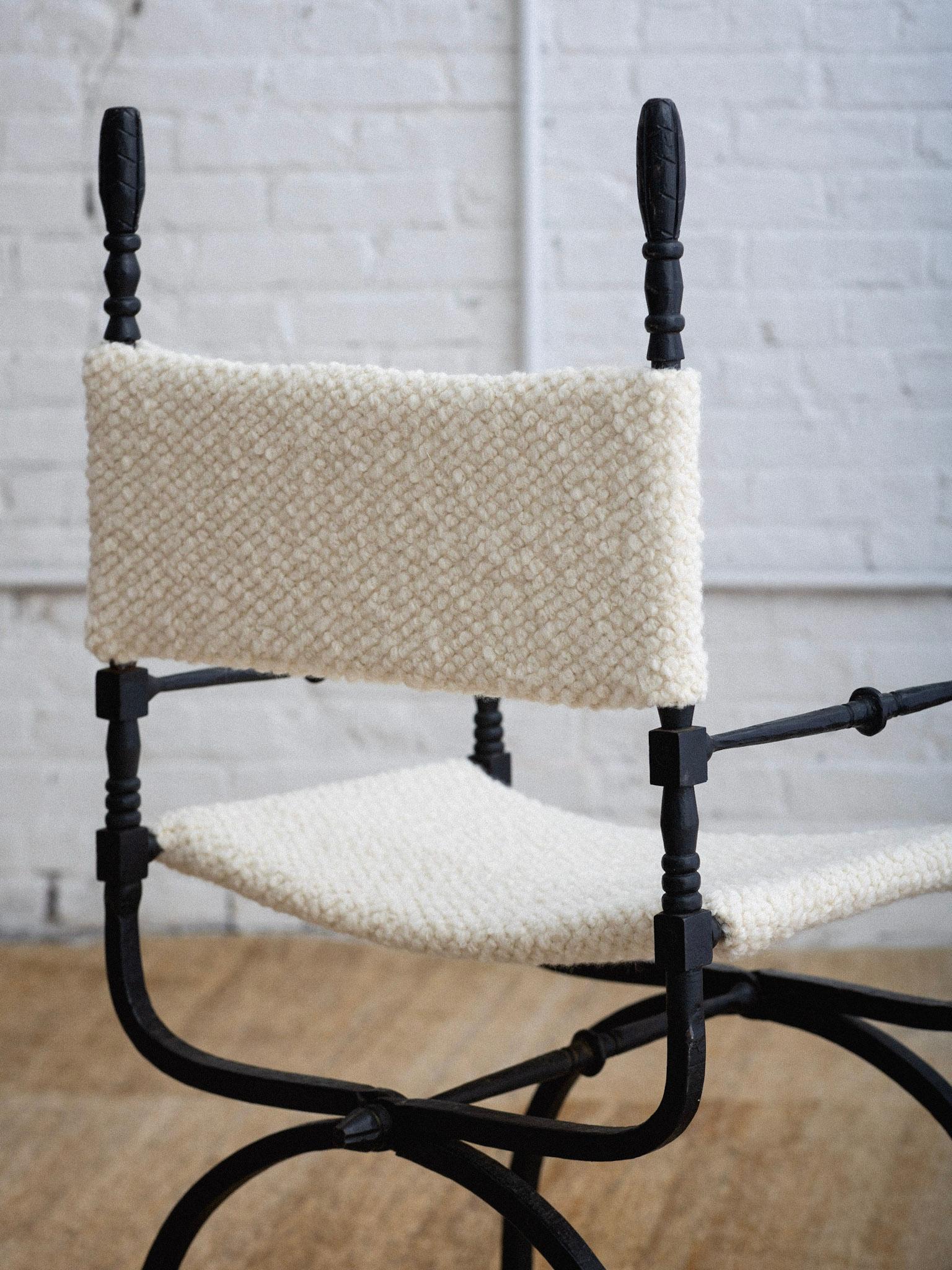 Wrought Iron 'Dagobert' Style Folding Chairs in Bouclé - a Pair 5