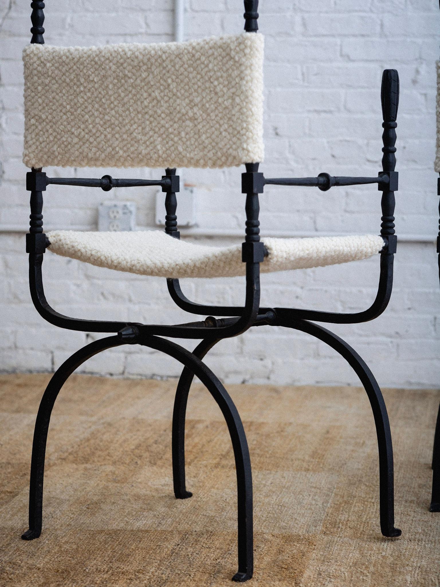 Wrought Iron 'Dagobert' Style Folding Chairs in Bouclé - a Pair 6