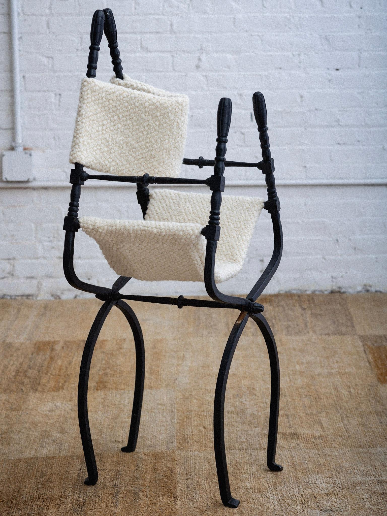 Wrought Iron 'Dagobert' Style Folding Chairs in Bouclé - a Pair 10