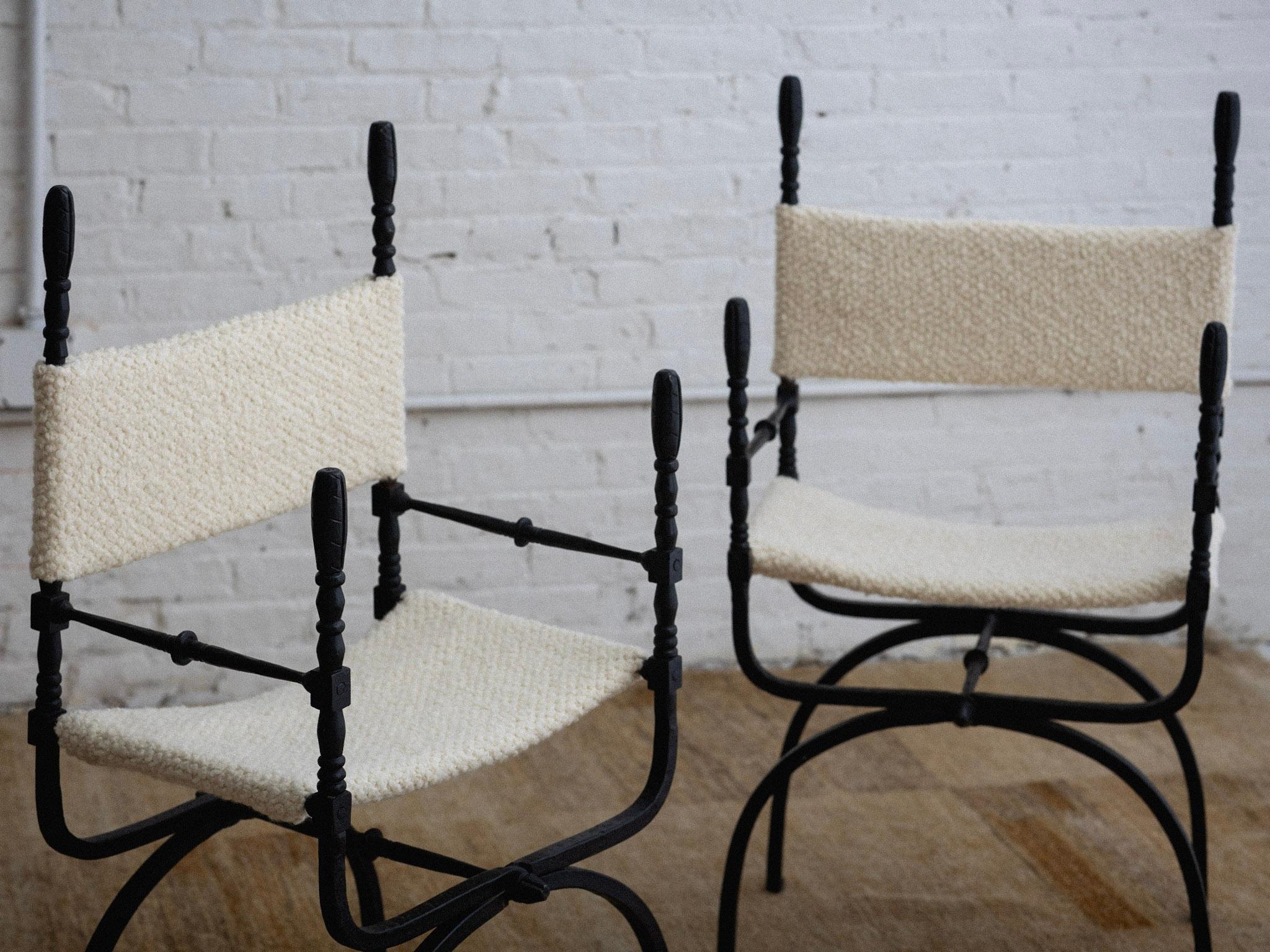 Medieval Wrought Iron 'Dagobert' Style Folding Chairs in Bouclé - a Pair