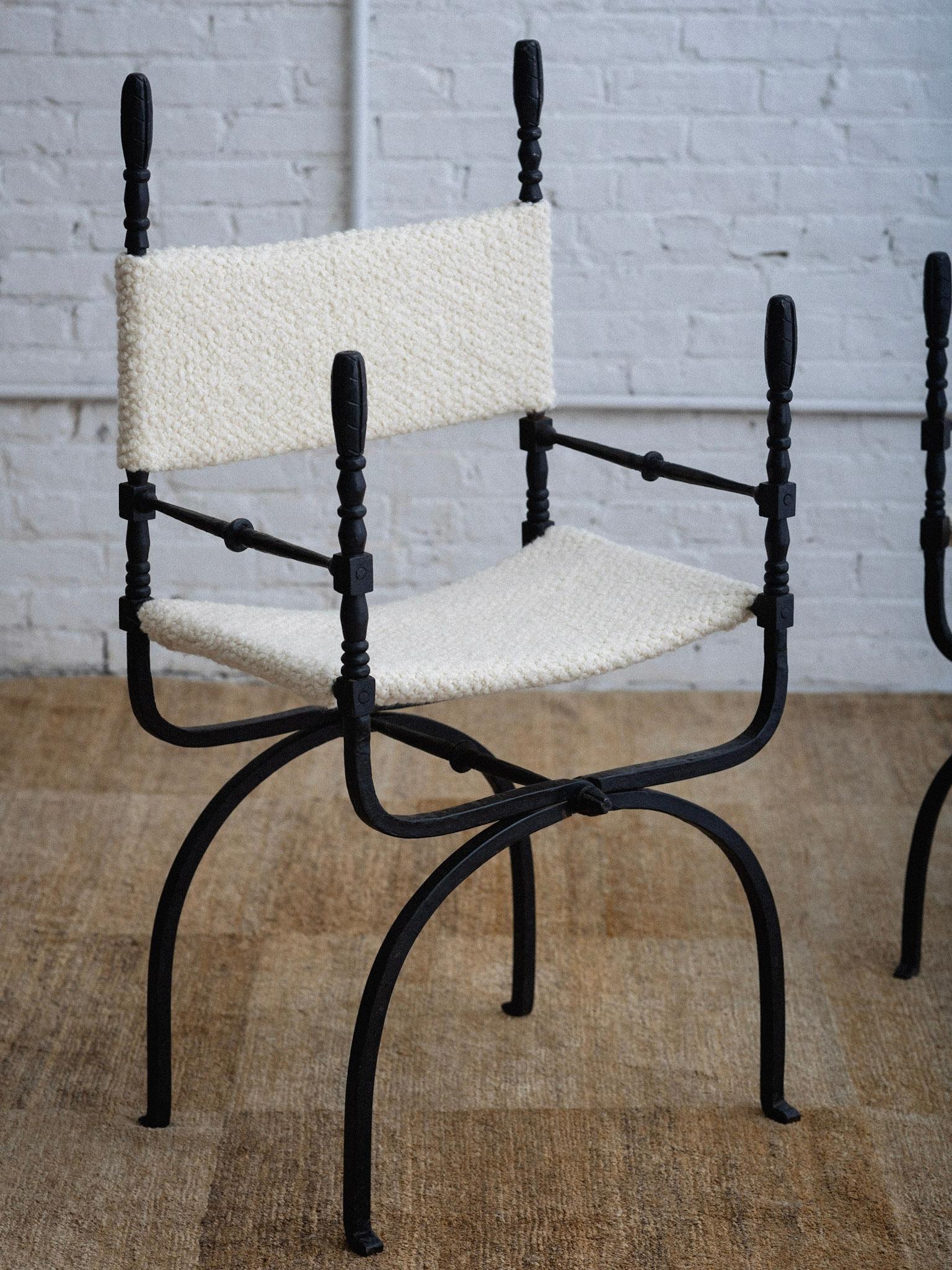 Spanish Wrought Iron 'Dagobert' Style Folding Chairs in Bouclé - a Pair