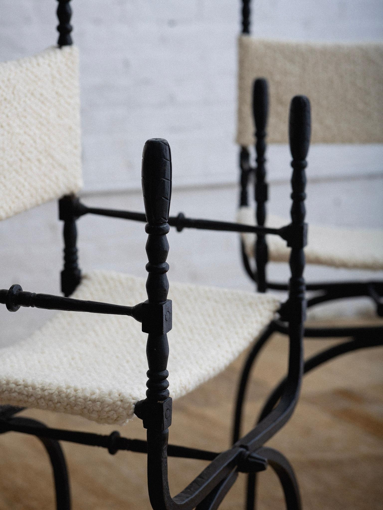 Wrought Iron 'Dagobert' Style Folding Chairs in Bouclé - a Pair 1
