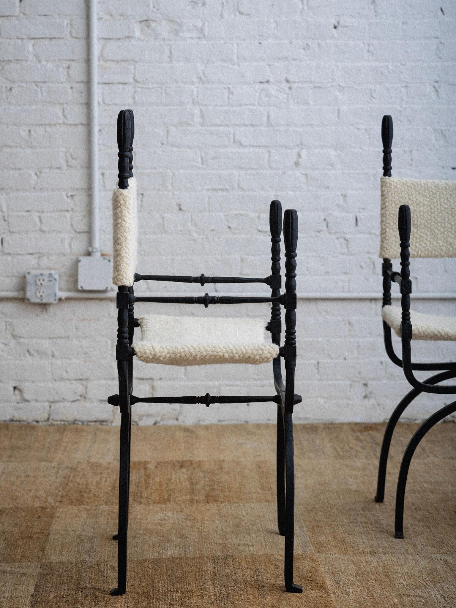 Wrought Iron 'Dagobert' Style Folding Chairs in Bouclé - a Pair 2