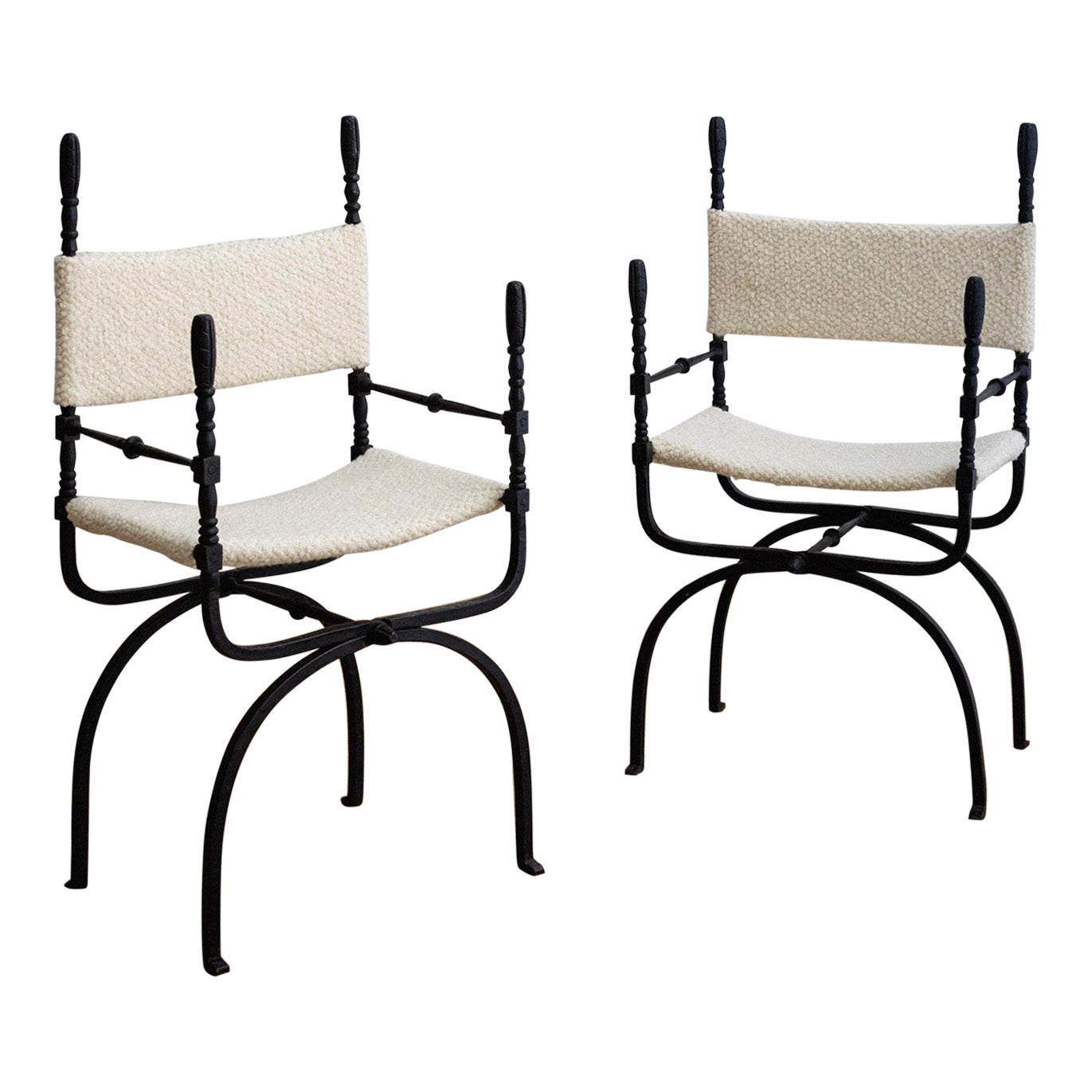 Wrought Iron 
Dagobert
 Style Folding Chairs in Bouclé - a Pair