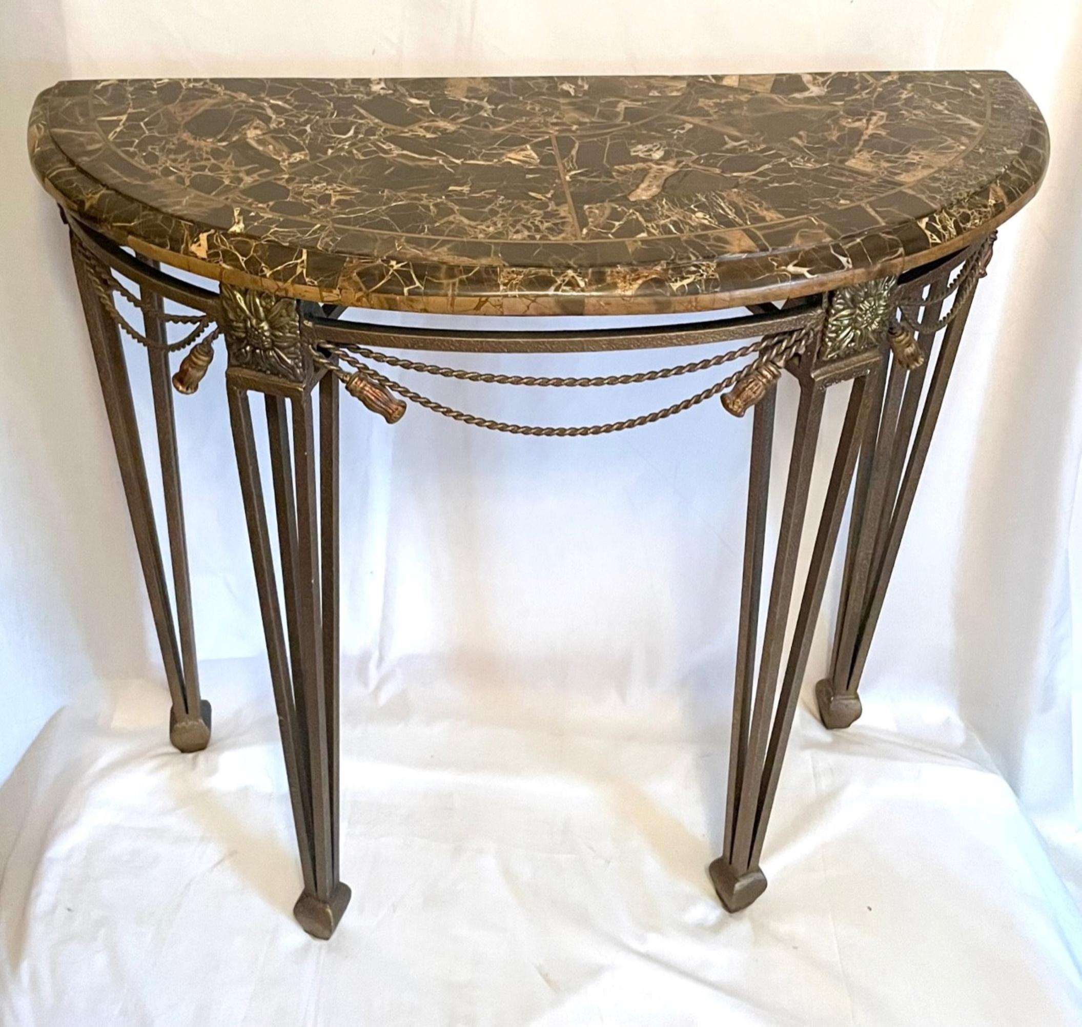 Wrought Iron Demilune Marble Top Console Table After Oscar Bach 7