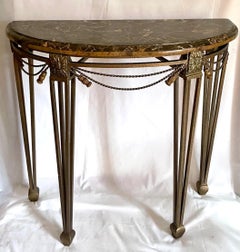 Wrought Iron Demilune Marble Top Console Table After Oscar Bach