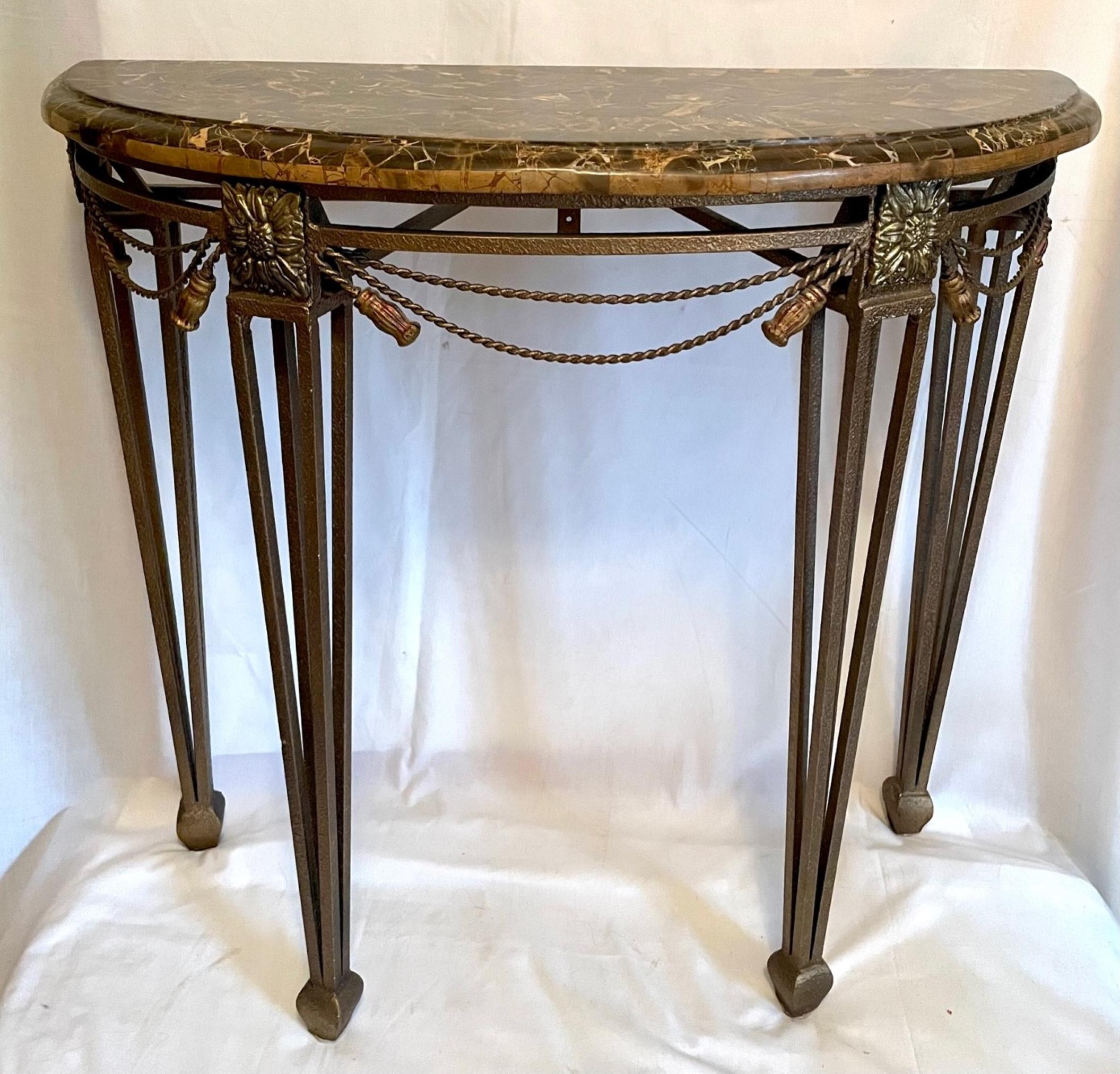 Arts and Crafts Wrought Iron Demilune Marble Top Console Table After Oscar Bach
