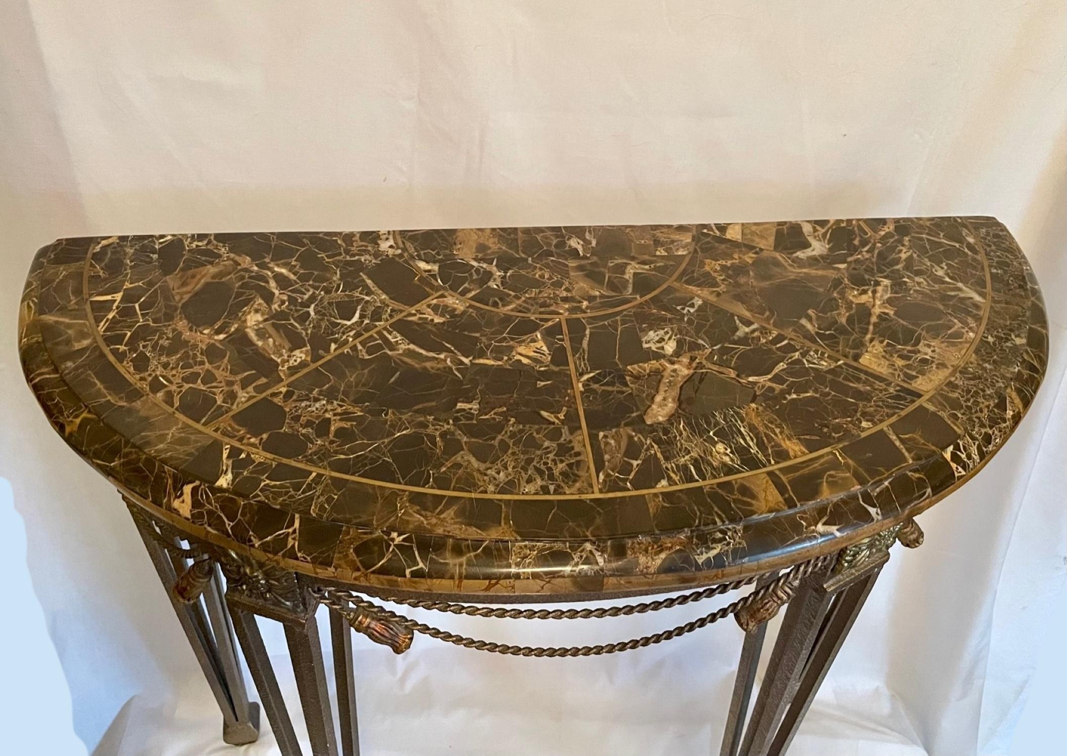 Wrought Iron Demilune Marble Top Console Table After Oscar Bach In Good Condition In Vero Beach, FL
