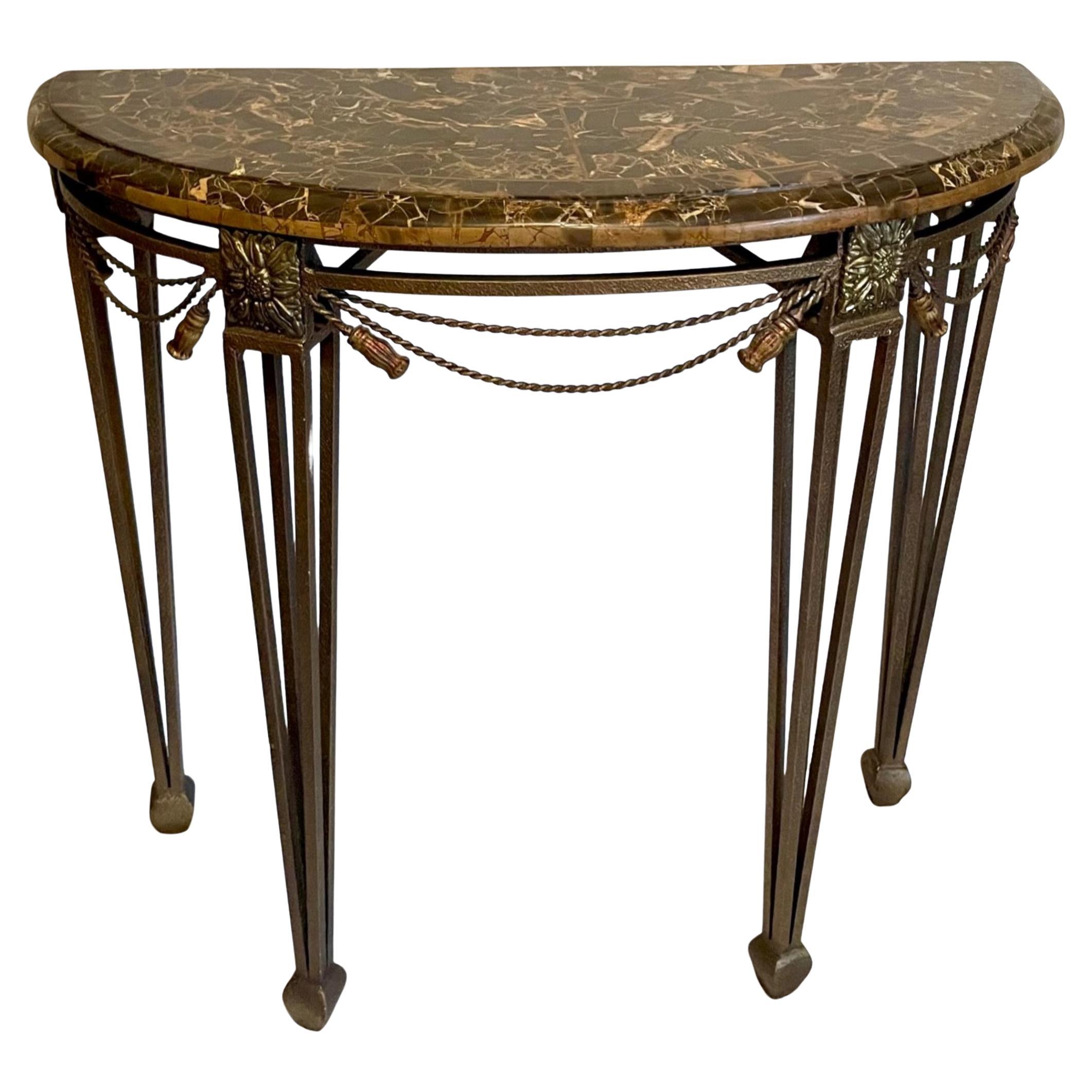 Wrought Iron Demilune Marble Top Console Table After Oscar Bach