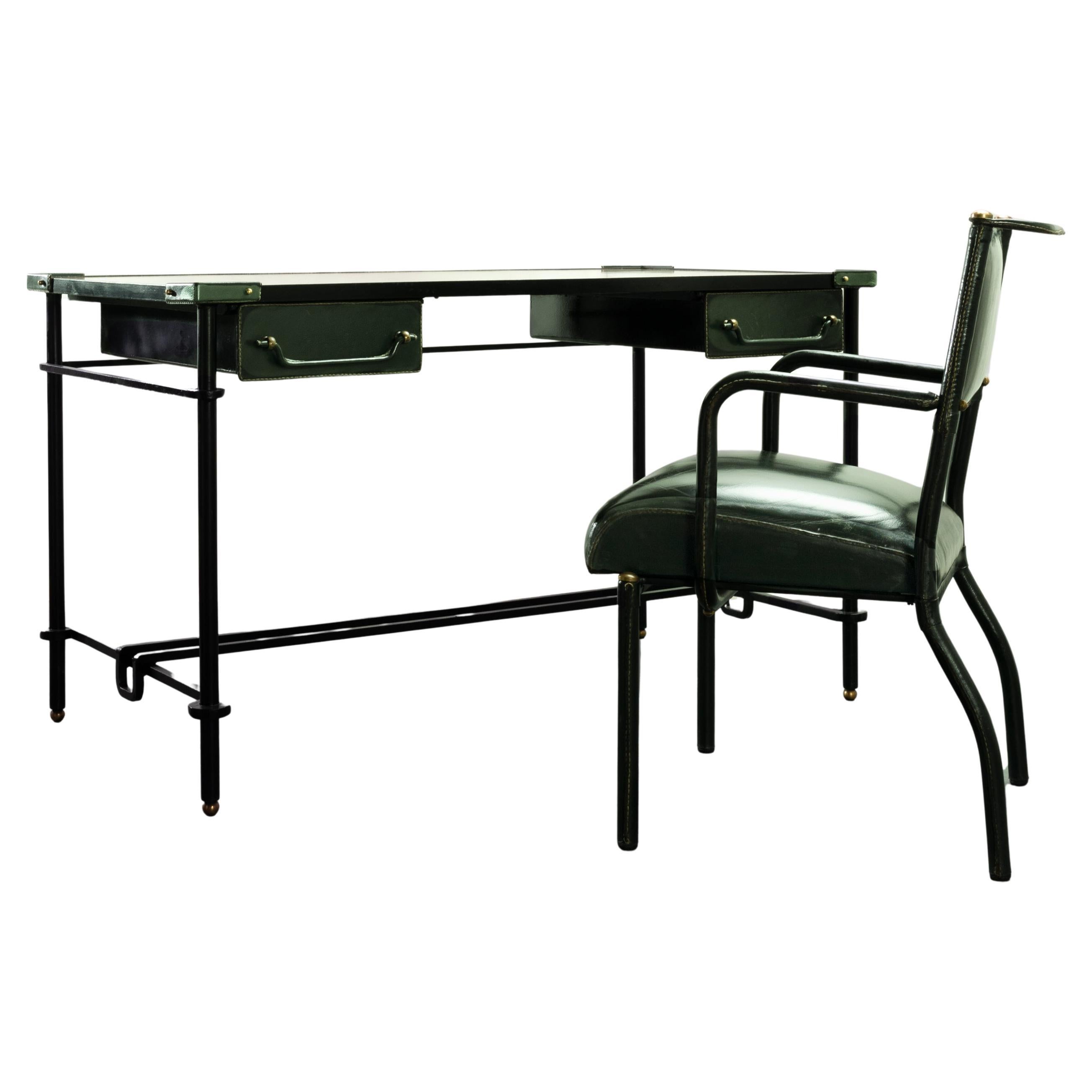Bureau en fer forgé avec sa chaise assortie de Jacques Adnet