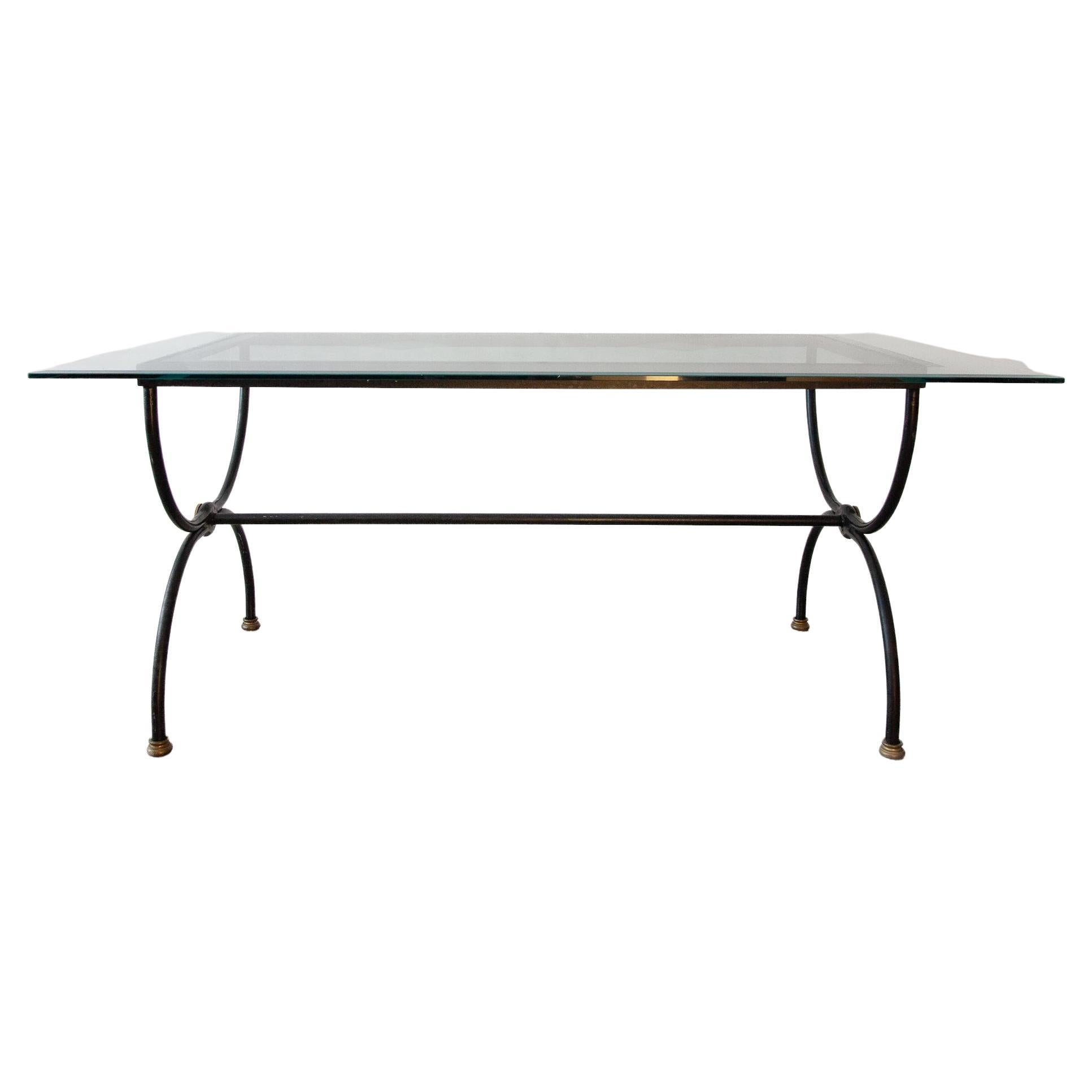 Wrought iron table with clear glass faceted top, Italy 1970s, A great elegance and very rare, the glass presented in excellent condition also suitable as an important desk or console table. Vintage Frederick Weinberg Design also available chairs