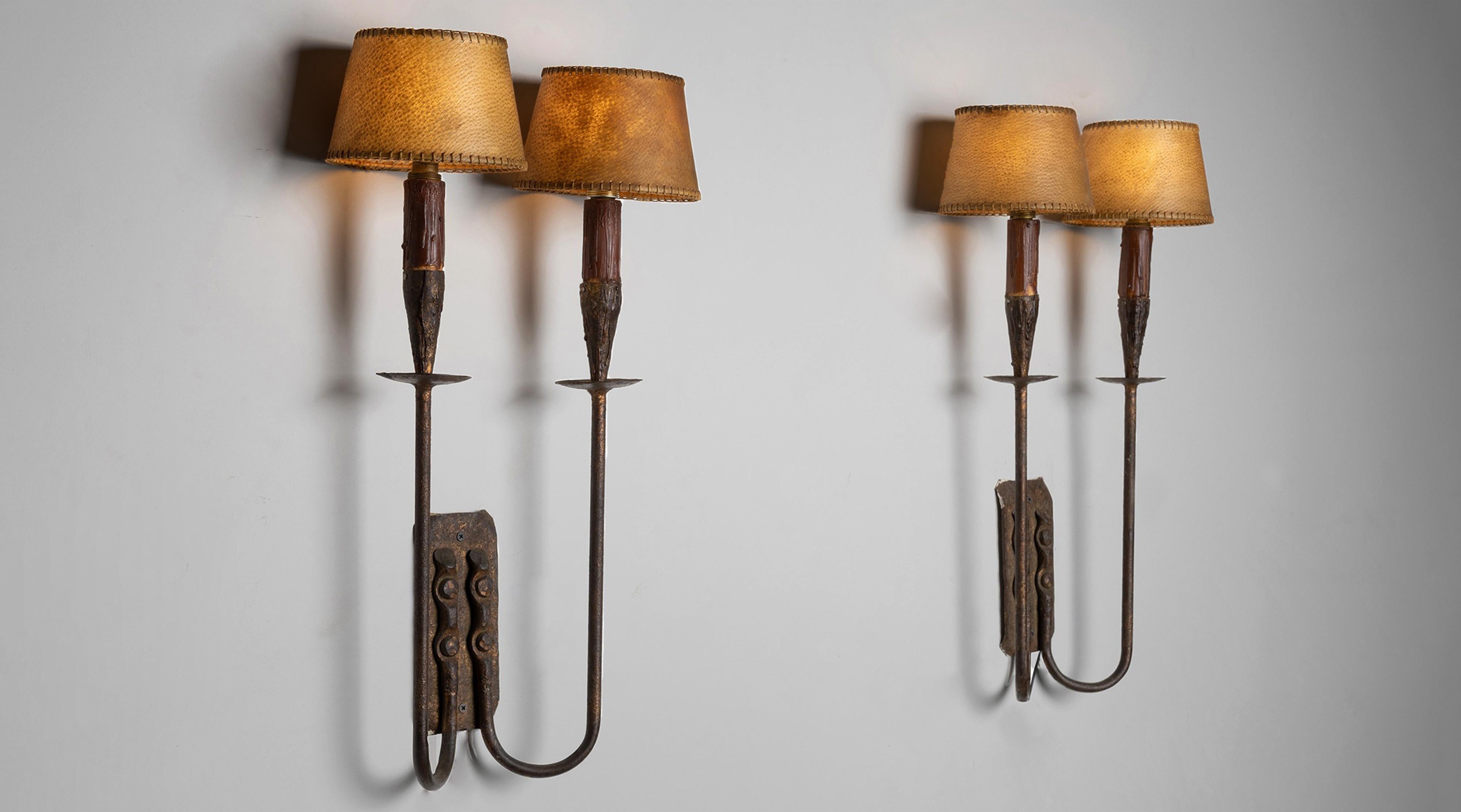 Wrought Iron Double Sconces, Spain circa 1950 In Good Condition In Culver City, CA