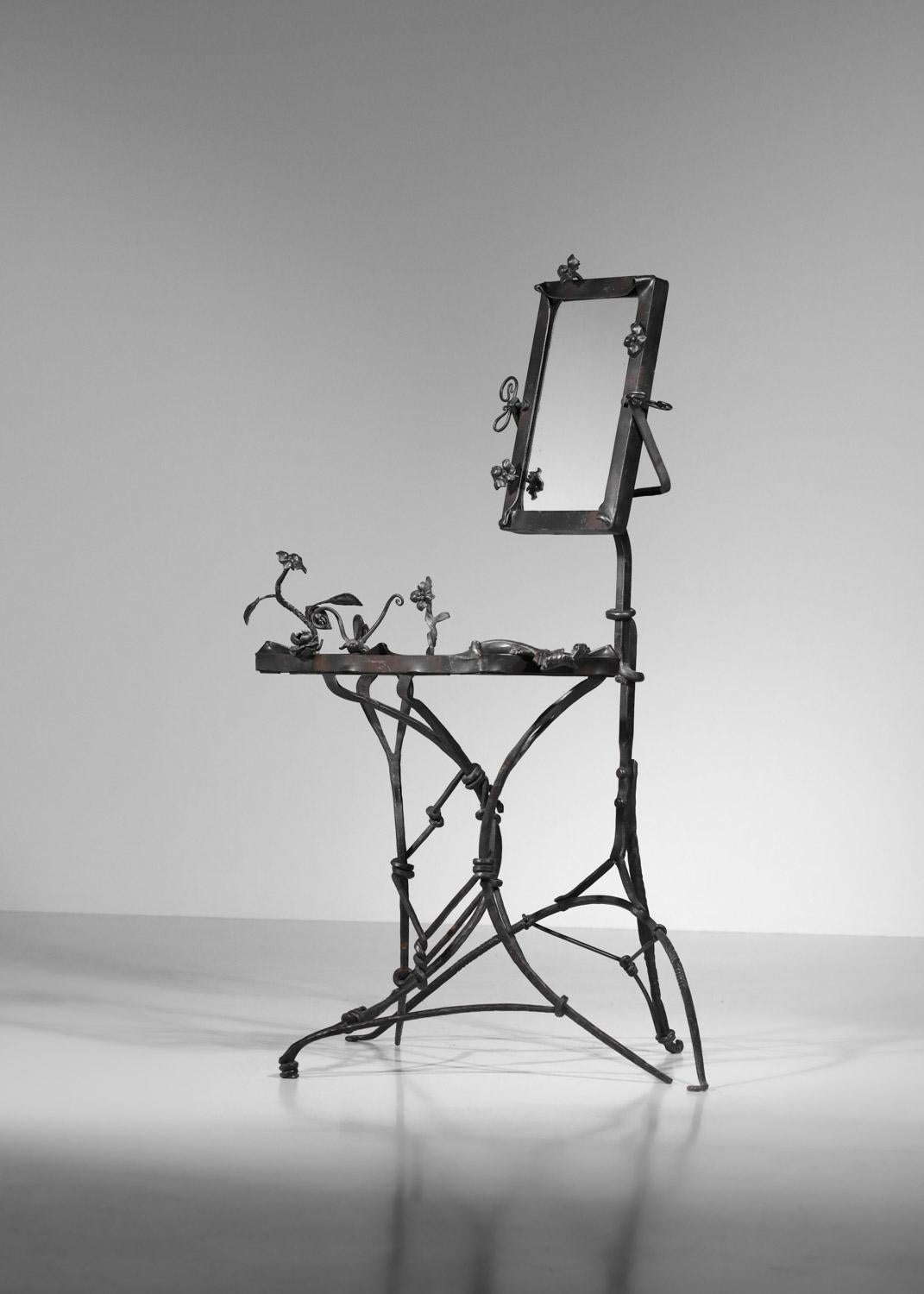 Wrought iron dressing table with shelf and steel mirror For Sale 2
