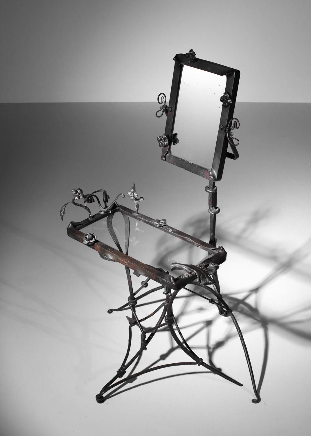 Wrought iron dressing table with shelf and steel mirror For Sale 7