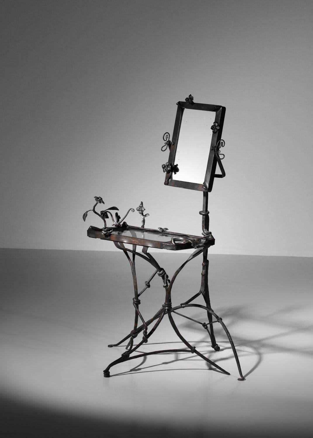 Wrought iron dressing table with shelf and steel mirror For Sale 8