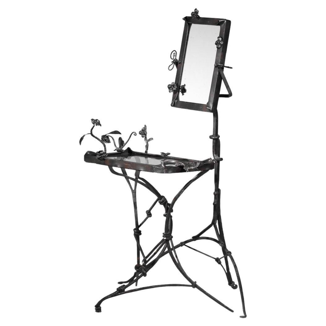 Wrought iron dressing table with shelf and steel mirror