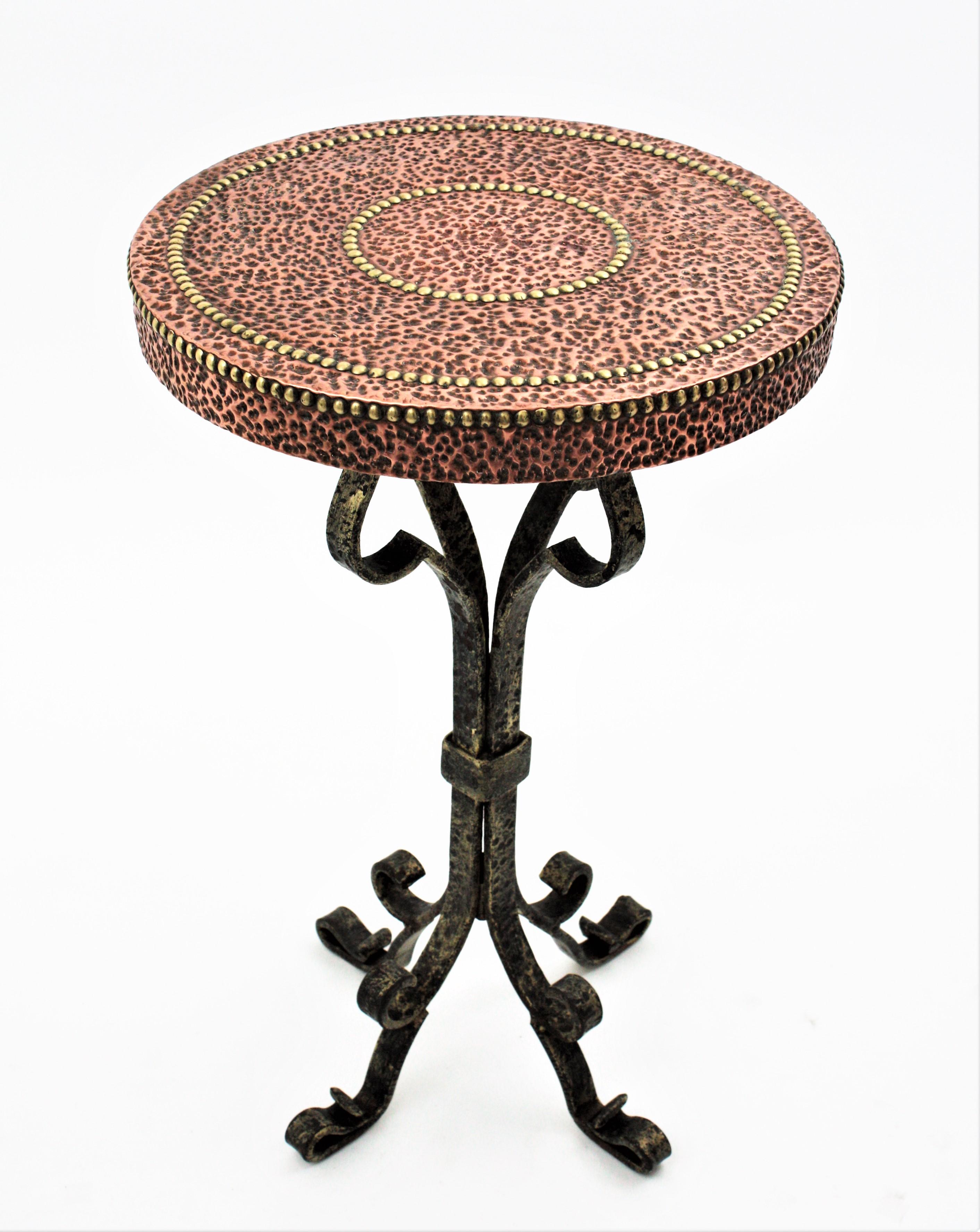 Brass Spanish Drinks Table, Gueridon or Side Table in Wrought Iron and Copper For Sale