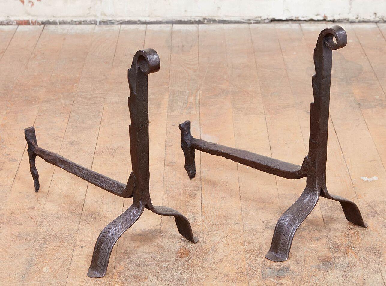 Wrought Iron Fiddlehead Andirons In Fair Condition For Sale In Greenwich, CT