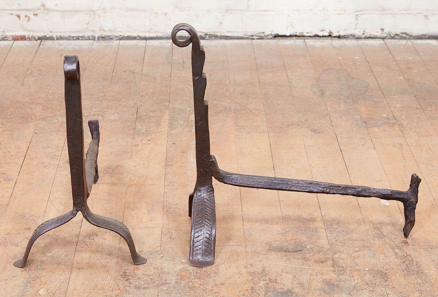 18th Century Wrought Iron Fiddlehead Andirons For Sale