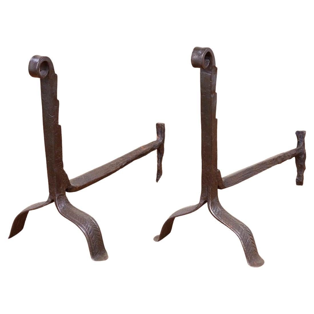 Wrought Iron Fiddlehead Andirons For Sale