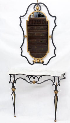 Wrought Iron Figural Marble Top Console Wall Gold Decorated Mirror Set