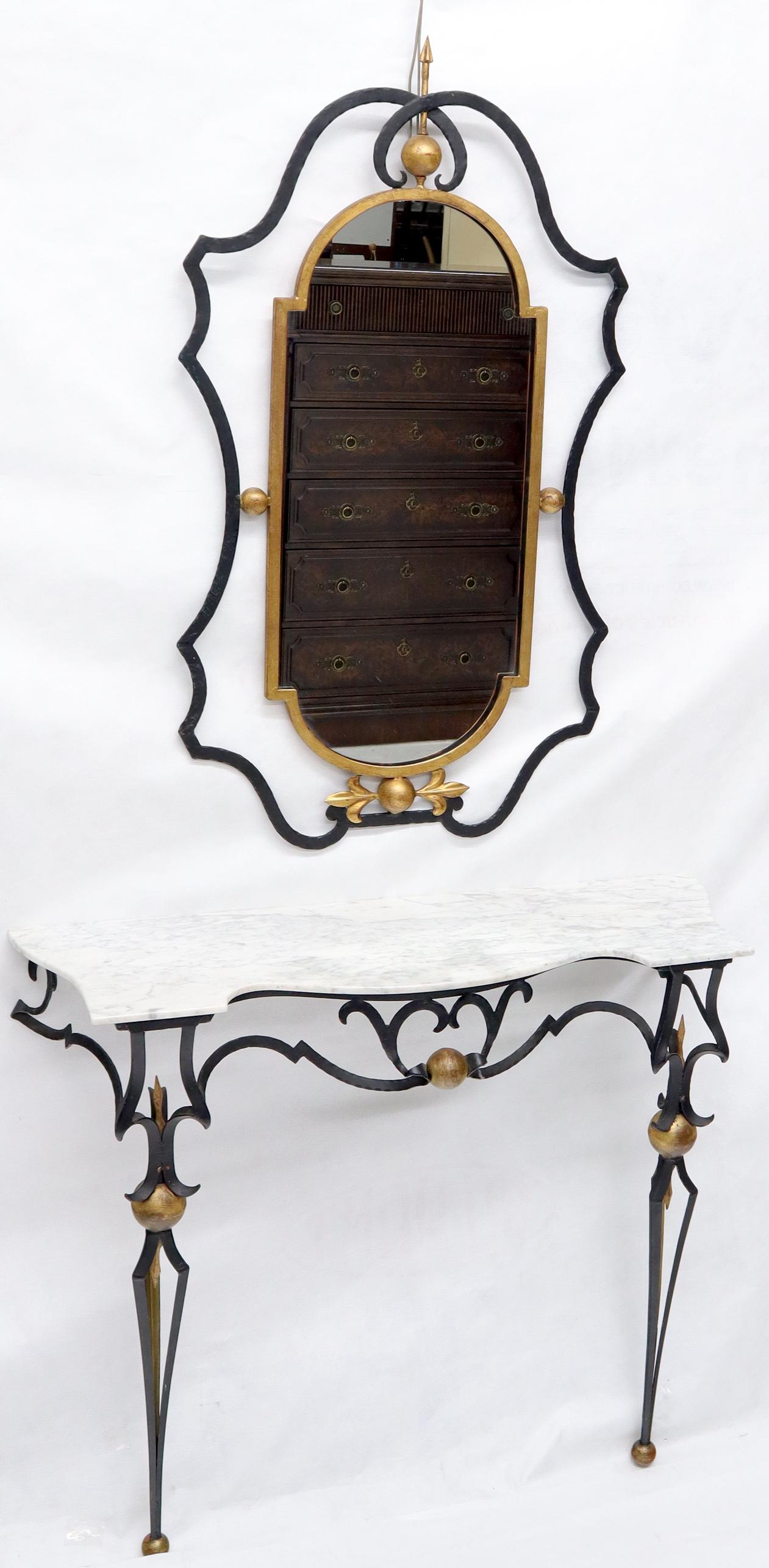 Mid-Century Modern Wrought Iron Figural Marble Top Console Wall Gold Decorated Mirror Set
