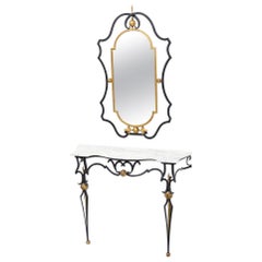 Wrought Iron Figural Marble Top Console Wall Gold Decorated Mirror Set